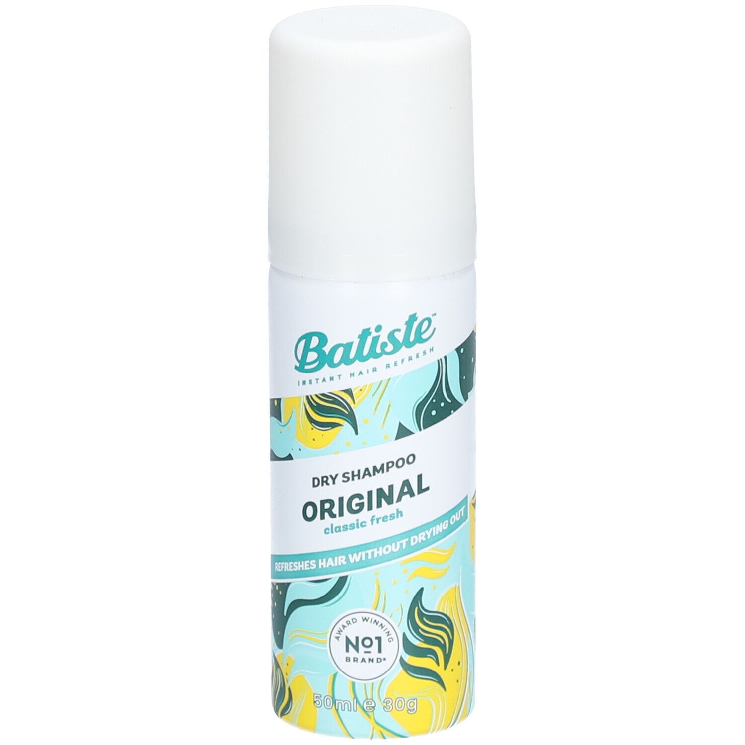Flacon blanc et bleu avec 'Batiste' et 'Original Dry Shampoo'. 'Classic fresh' et 'Nr. 1 Brand' sont également visibles.