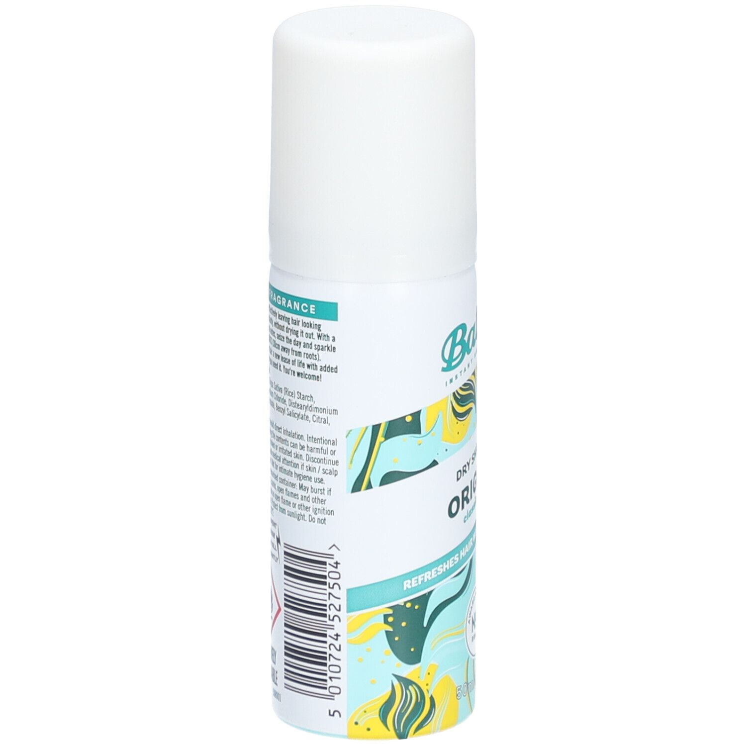 Dos du flacon. Texte avec ingrédients et avertissements. Code-barres et logo 'Batiste' également visibles.