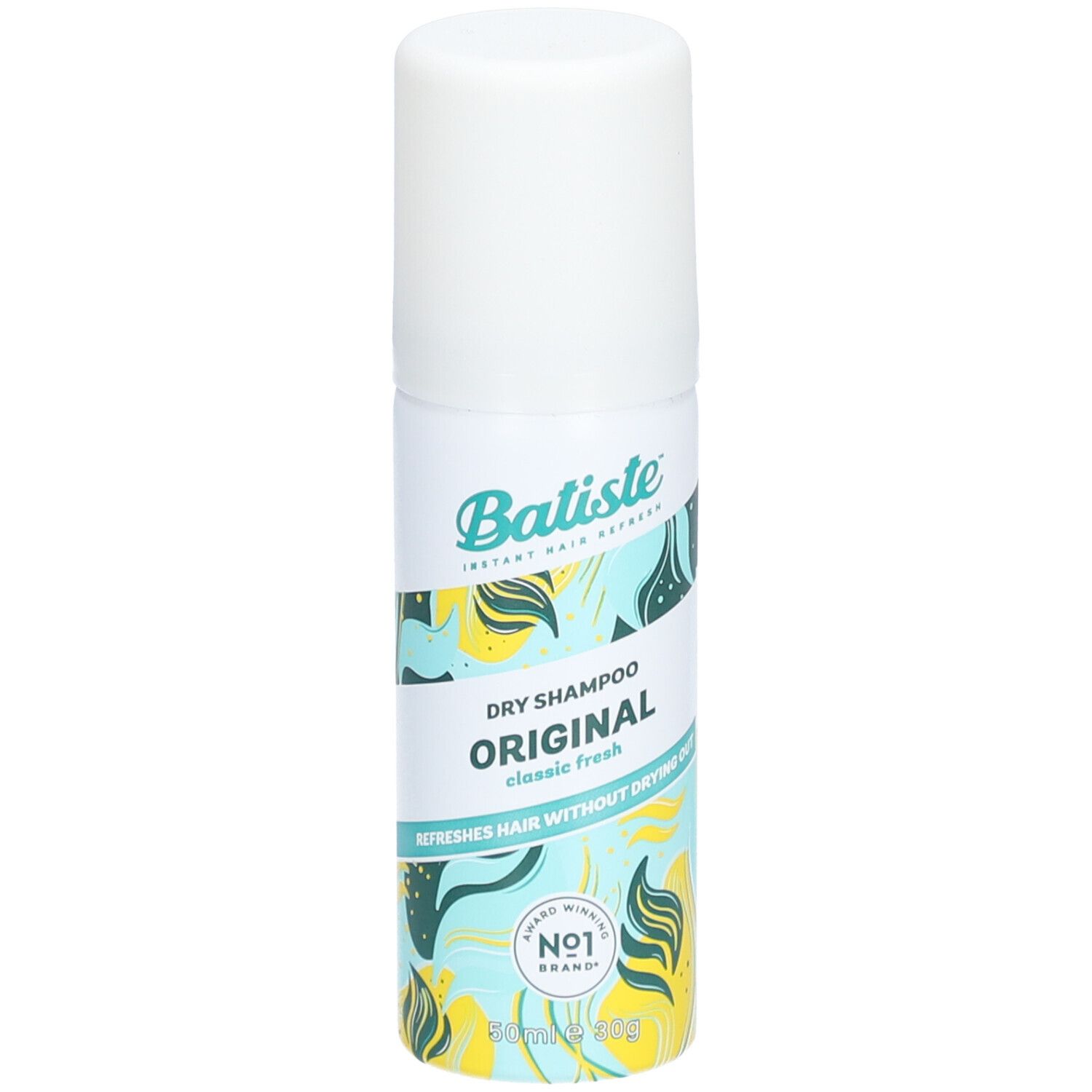 Flacon blanc et bleu avec 'Batiste' et 'Original Dry Shampoo'. 'Classic fresh' et 'Nr. 1 Brand' sont également visibles.
