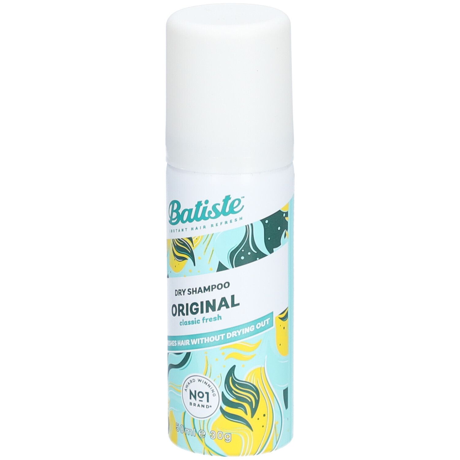 Flacon blanc et bleu avec 'Batiste' et 'Original Dry Shampoo'. 'Classic fresh' et 'Nr. 1 Brand' sont également visibles.