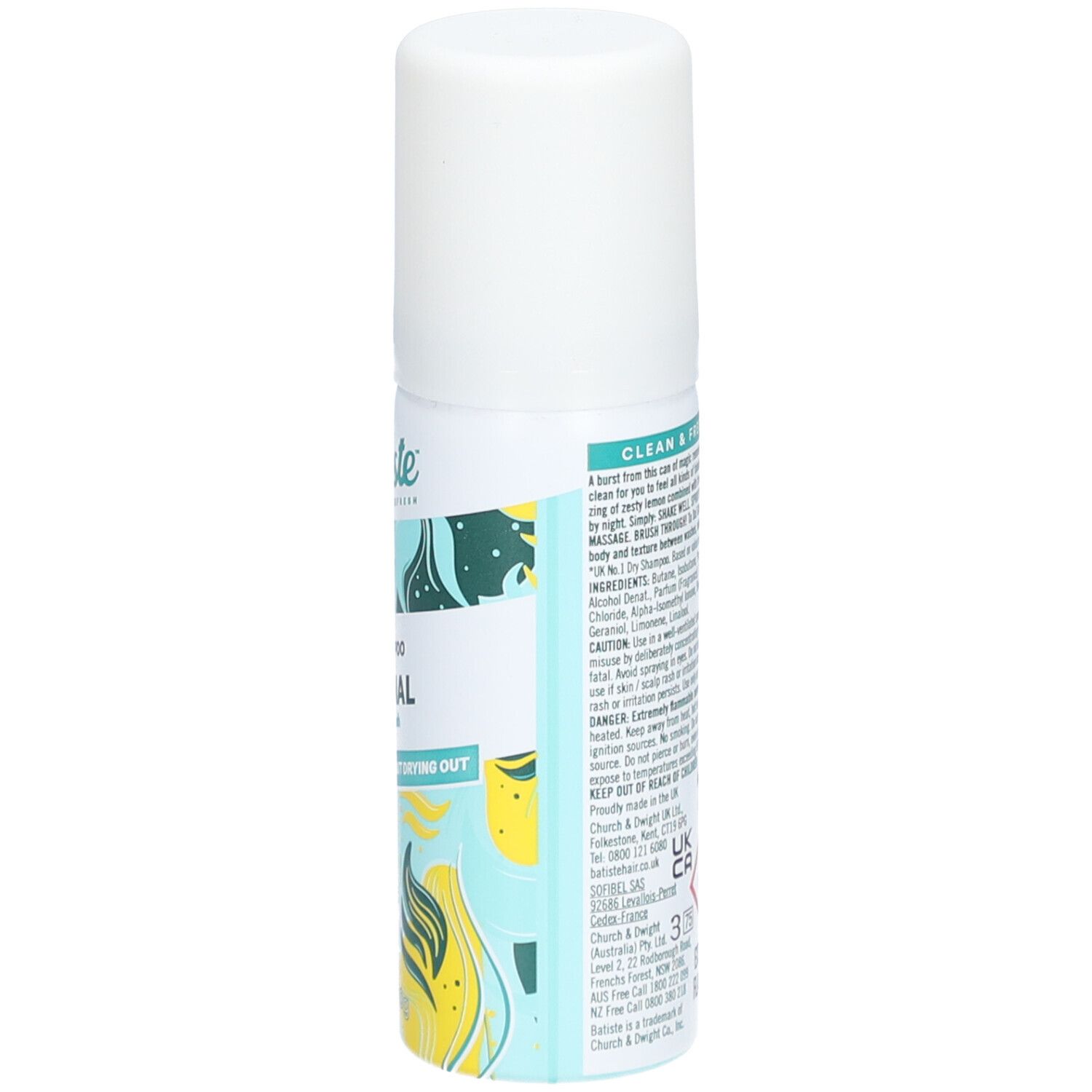 Dos du flacon. Texte avec ingrédients et avertissements. Logo 'Batiste' et texte 'Clean & Fresh'.