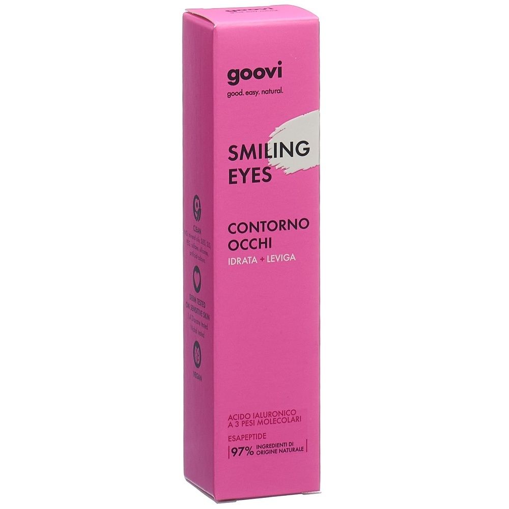 Boîte rose GOOVI Smiling Eyes Contorno Occhi. Ingrédients: Acido Ialuronico, Esapeptide, 97% d'ingrédients d'origine naturelle.