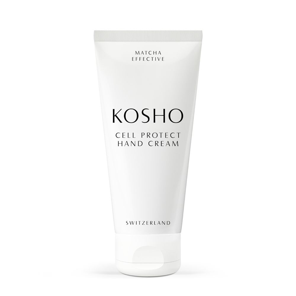 Tube blanc KOSHO Cell Protect Hand Cream. Texte: Matcha Effective, Switzerland.