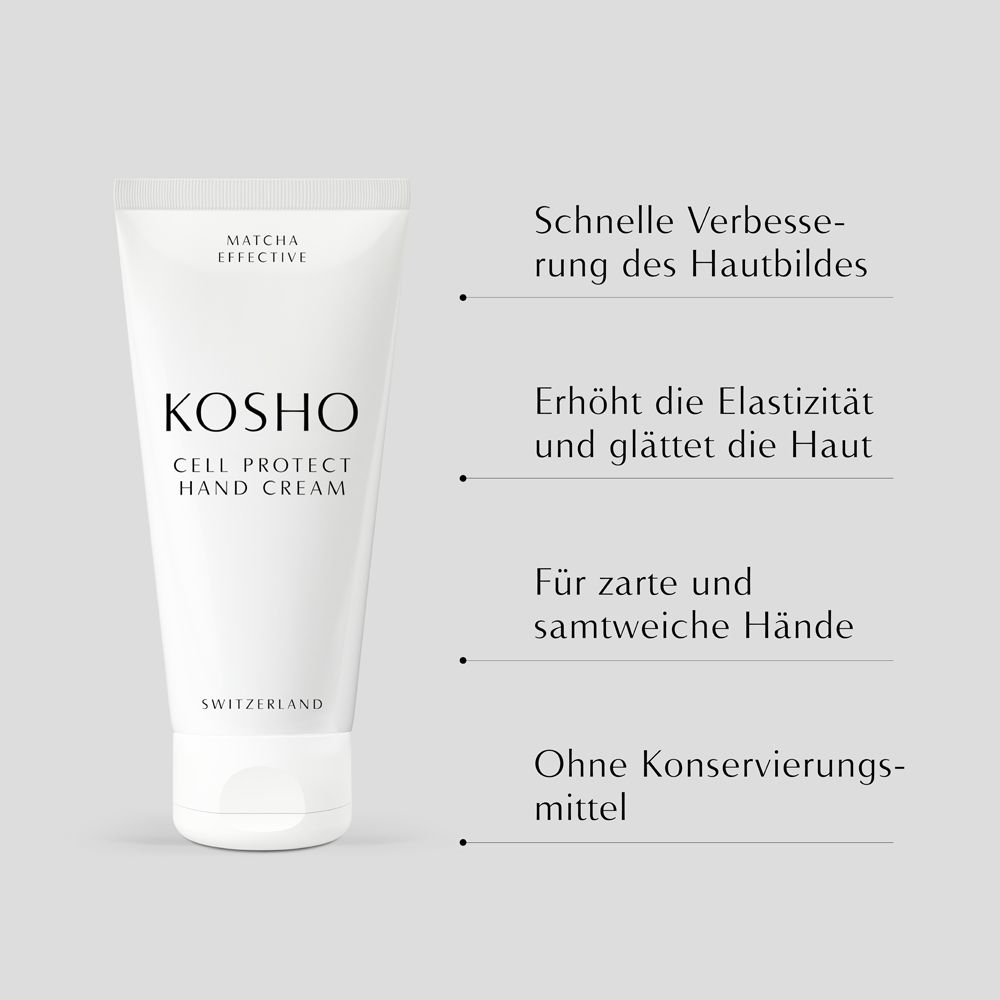 Tube blanc KOSHO Cell Protect Hand Cream. Texte: Amélioration rapide, élasticité, mains douces, sans conservateurs.
