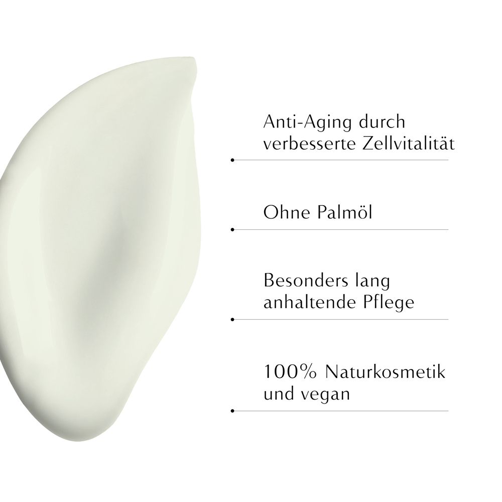 Goutte de produit. Texte: Anti-âge, sans huile de palme, soin durable, 100% cosmétiques naturels et végétaliens.