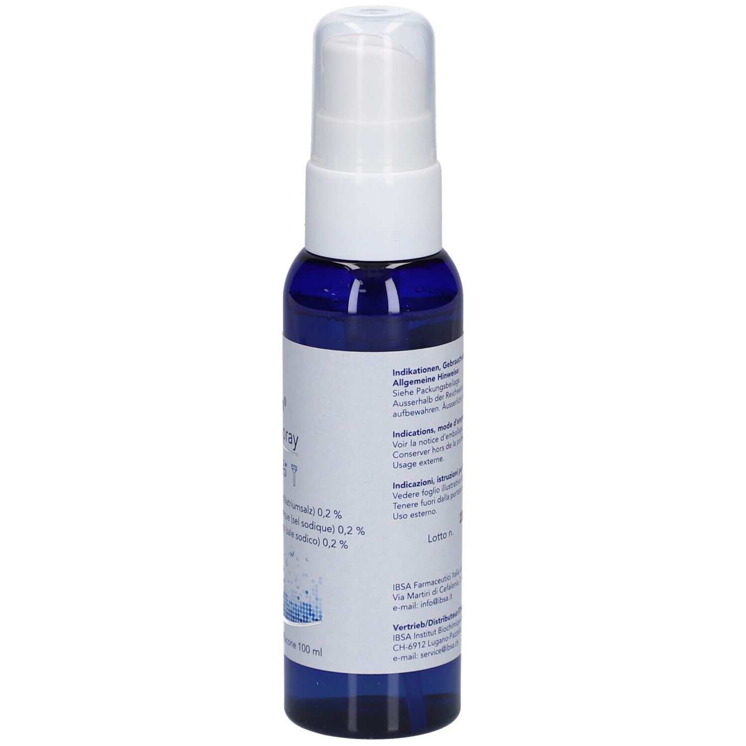 Flacon bleu avec pulvérisateur blanc. Inscription avec ingrédients et avertissements. Flacon.