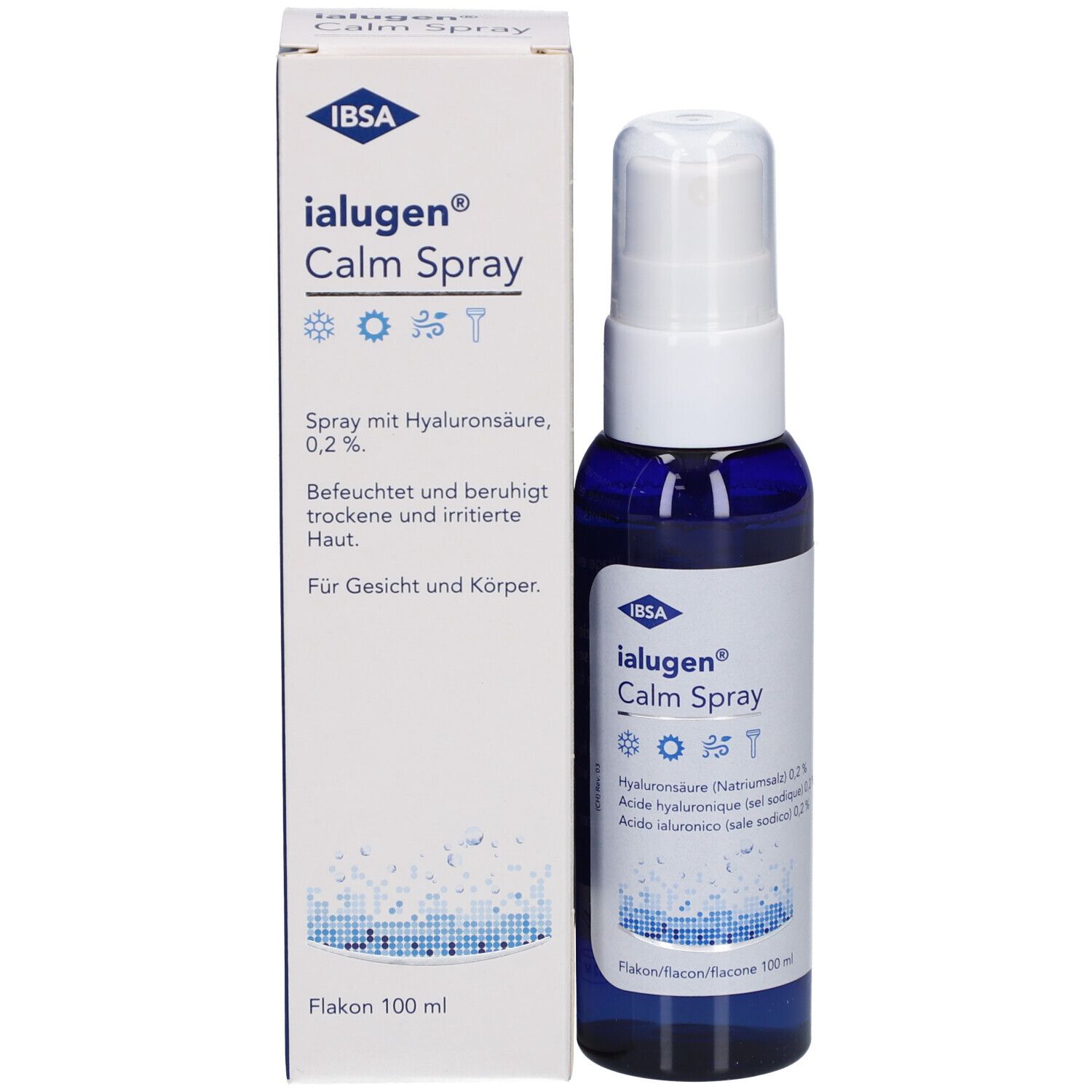 Emballage du produit avec flacon et boîte. Inscription: Ialugen Calm Spray, acide hyaluronique. Flacon 100 ml.