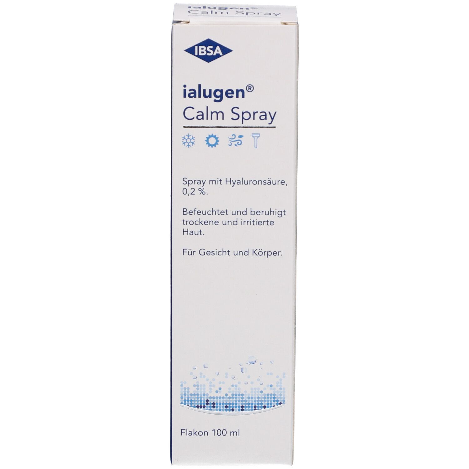 Emballage du produit blanc. Inscription: Ialugen Calm Spray, acide hyaluronique. Flacon 100 ml.
