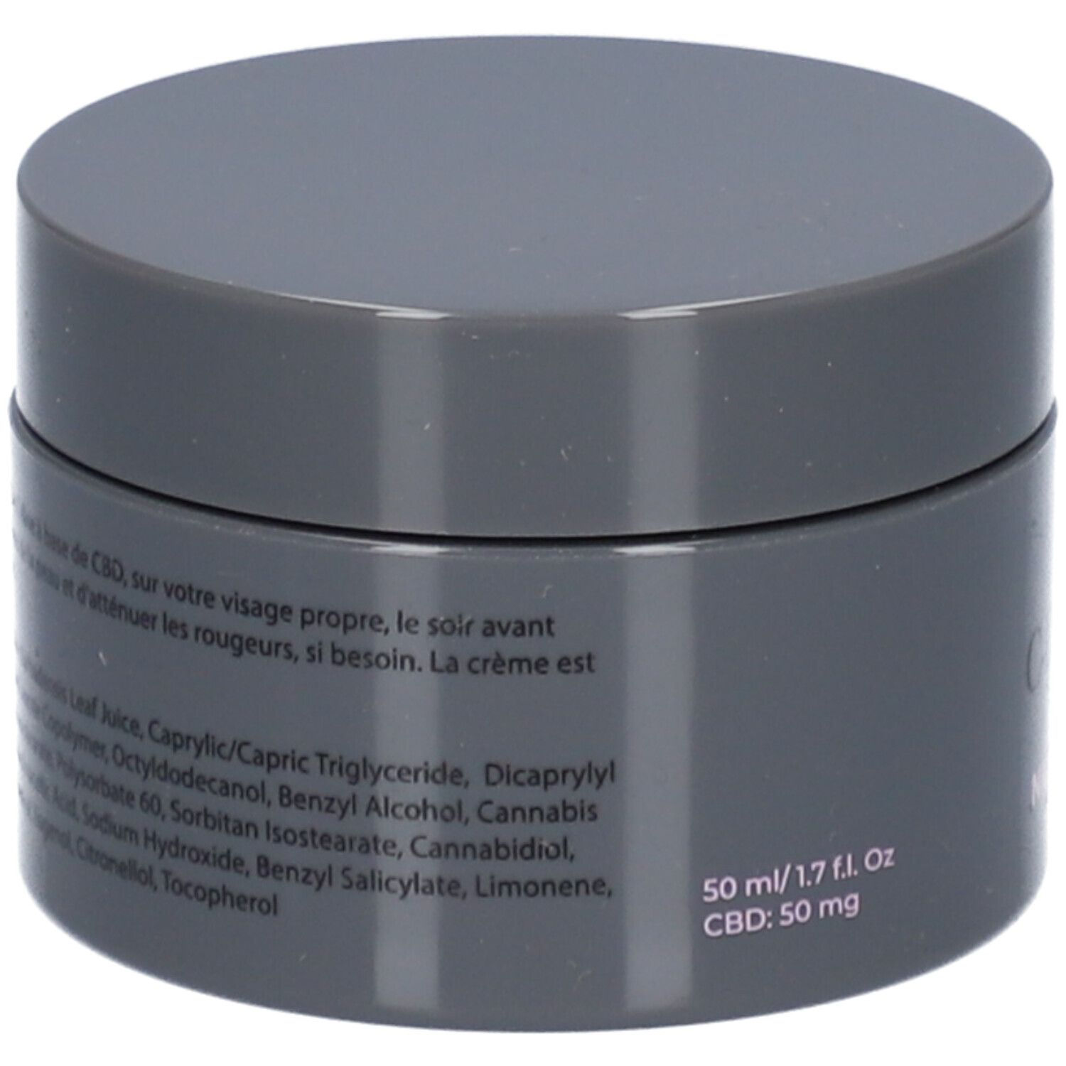 Pot gris foncé avec liste d'ingrédients et indication de volume : 50 ml/1.7 fl. oz. CBD: 50 mg.