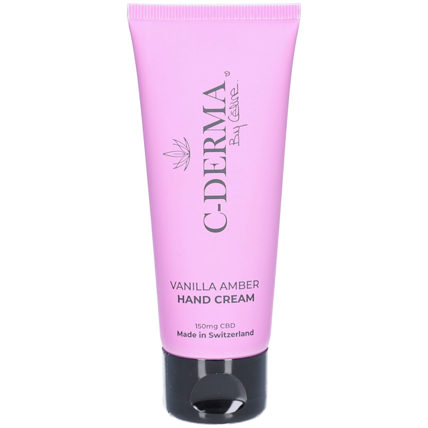 Tube grise de crème pour les mains C-DERMA By Celine. Inscription C-DERMA, "Vanilla Amber Hand Cream". 150mg CBD. Fabriqué en Suisse.