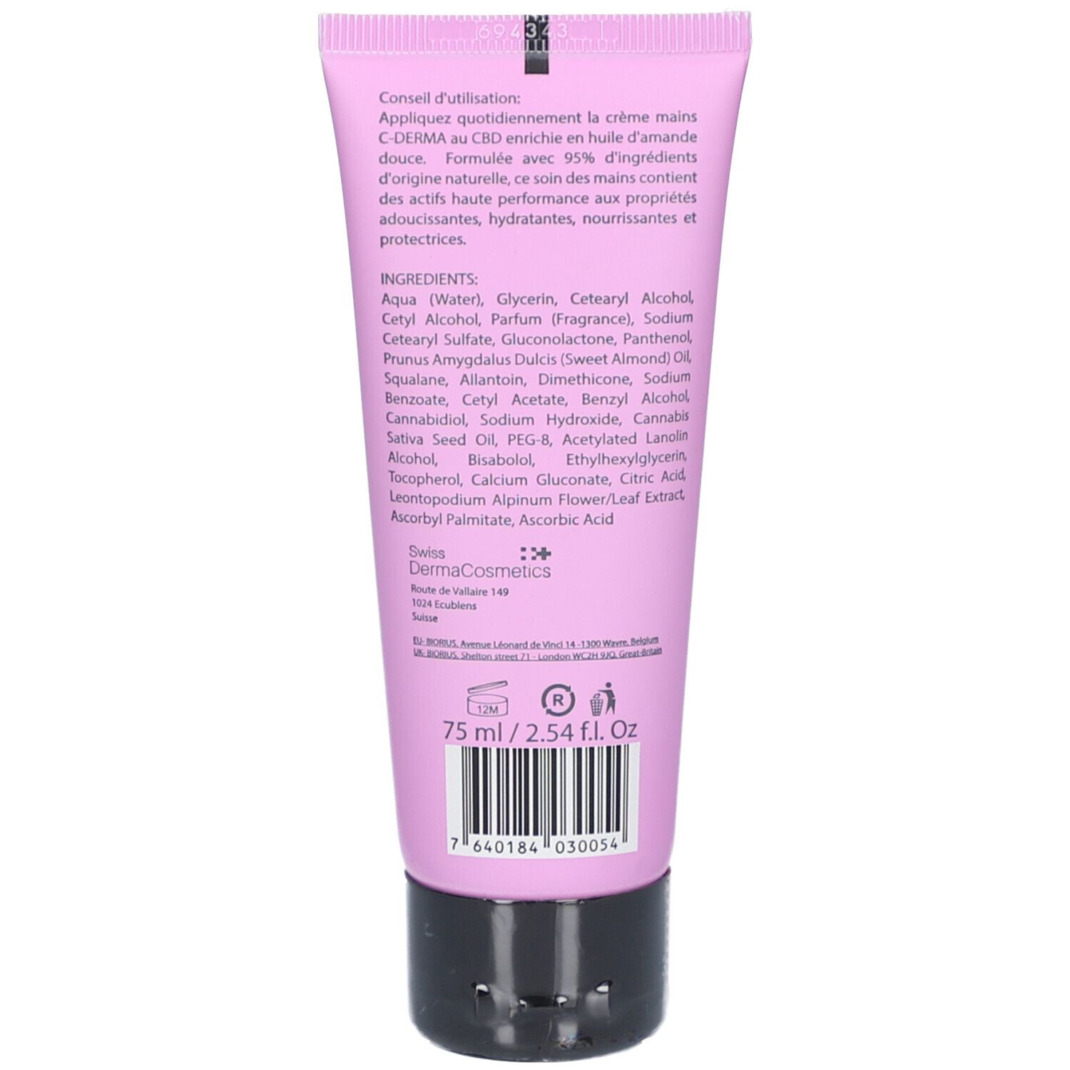 Dos du tube de crème pour les mains C-DERMA. Texte avec ingrédients et conseils d'utilisation. 75 ml/2.54 FL. Oz. Code-barres.
