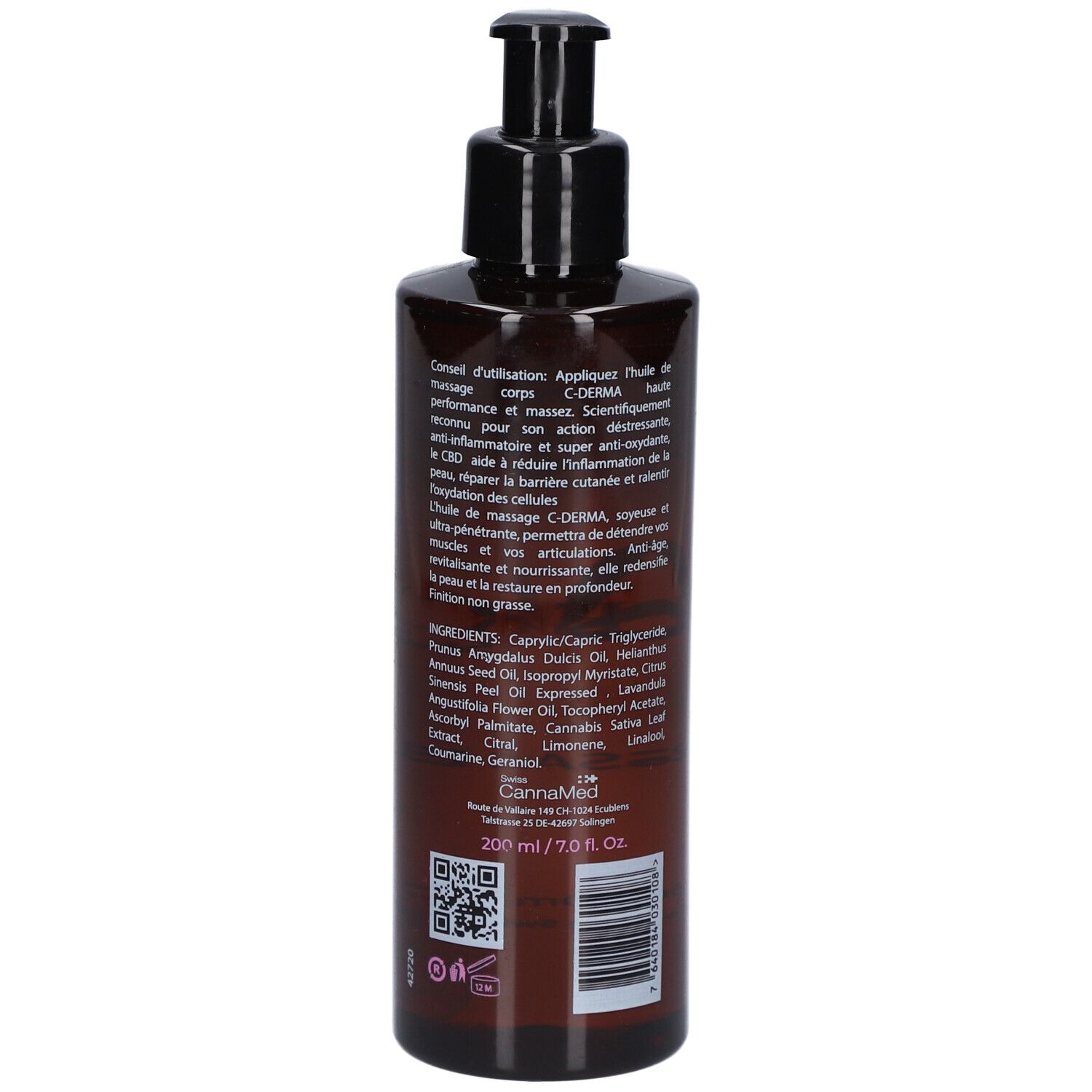 Flacon brun avec pompe noire. Texte et ingrédients au dos. 200 ml/7.0 fl. oz.