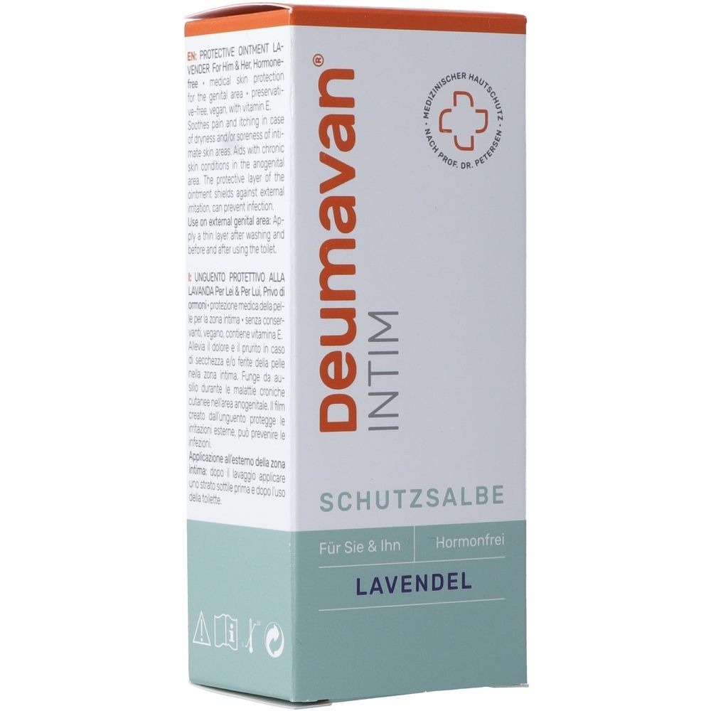 Emballage en carton avec nom du produit et informations. Texte : crème protectrice, lavande, sans hormones. Logo : protection cutanée médicale.