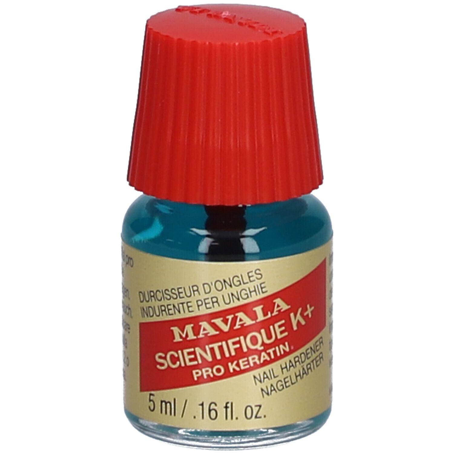 Flacon de durcisseur d'ongles avec bouchon rouge. Inscription : Mavala Scientifique K+ Pro Keratin. 5 ml.