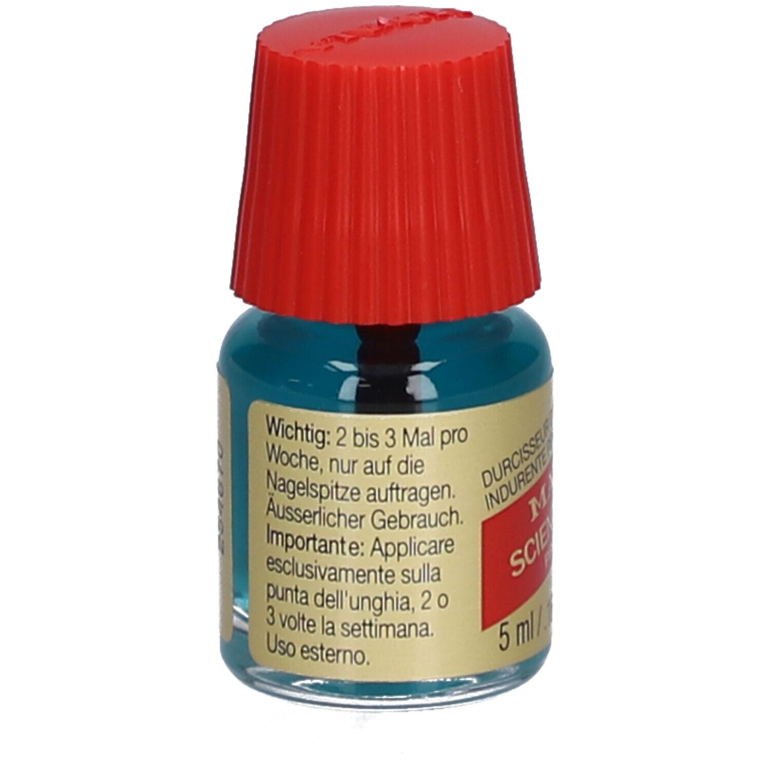 Flacon de durcisseur d'ongles avec bouchon rouge. Inscription : Mavala Scientifique K+ Pro Keratin. 5 ml. Mode d'emploi.