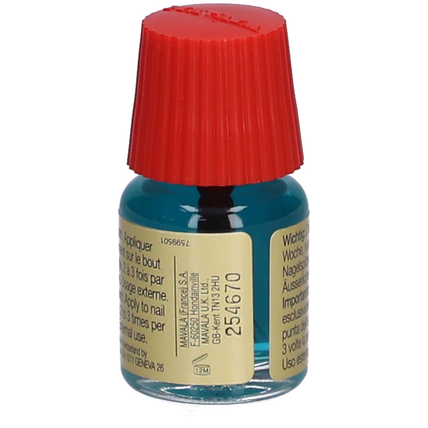 Flacon de durcisseur d'ongles avec bouchon rouge. Inscription : Mavala Scientifique K+ Pro Keratin. 5 ml. Adresse du fabricant.