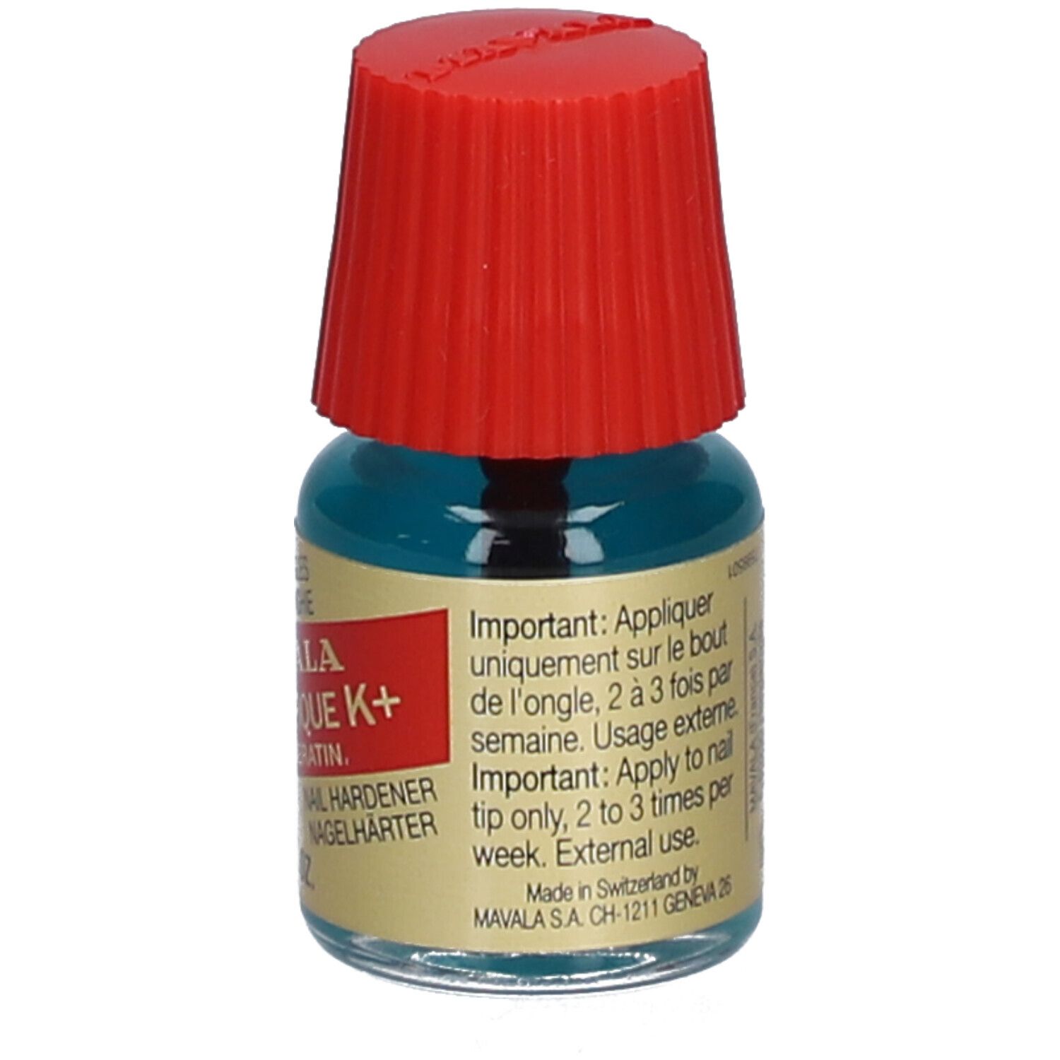 Flacon de durcisseur d'ongles avec bouchon rouge. Inscription : Mavala Scientifique K+ Pro Keratin. 5 ml. Mode d'emploi.