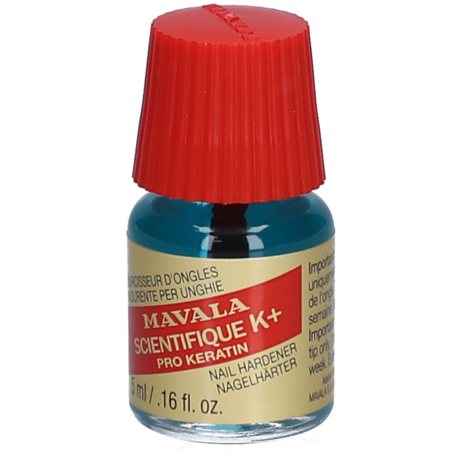 Flacon de durcisseur d'ongles avec bouchon rouge. Inscription : Mavala Scientifique K+ Pro Keratin. 5 ml.