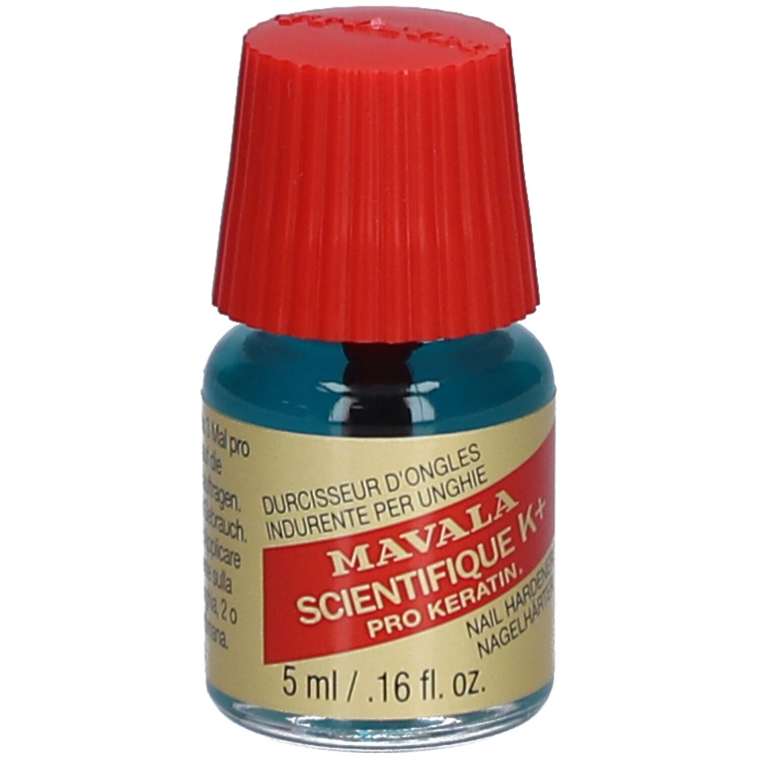 Flacon de durcisseur d'ongles avec bouchon rouge. Inscription : Mavala Scientifique K+ Pro Keratin. 5 ml.