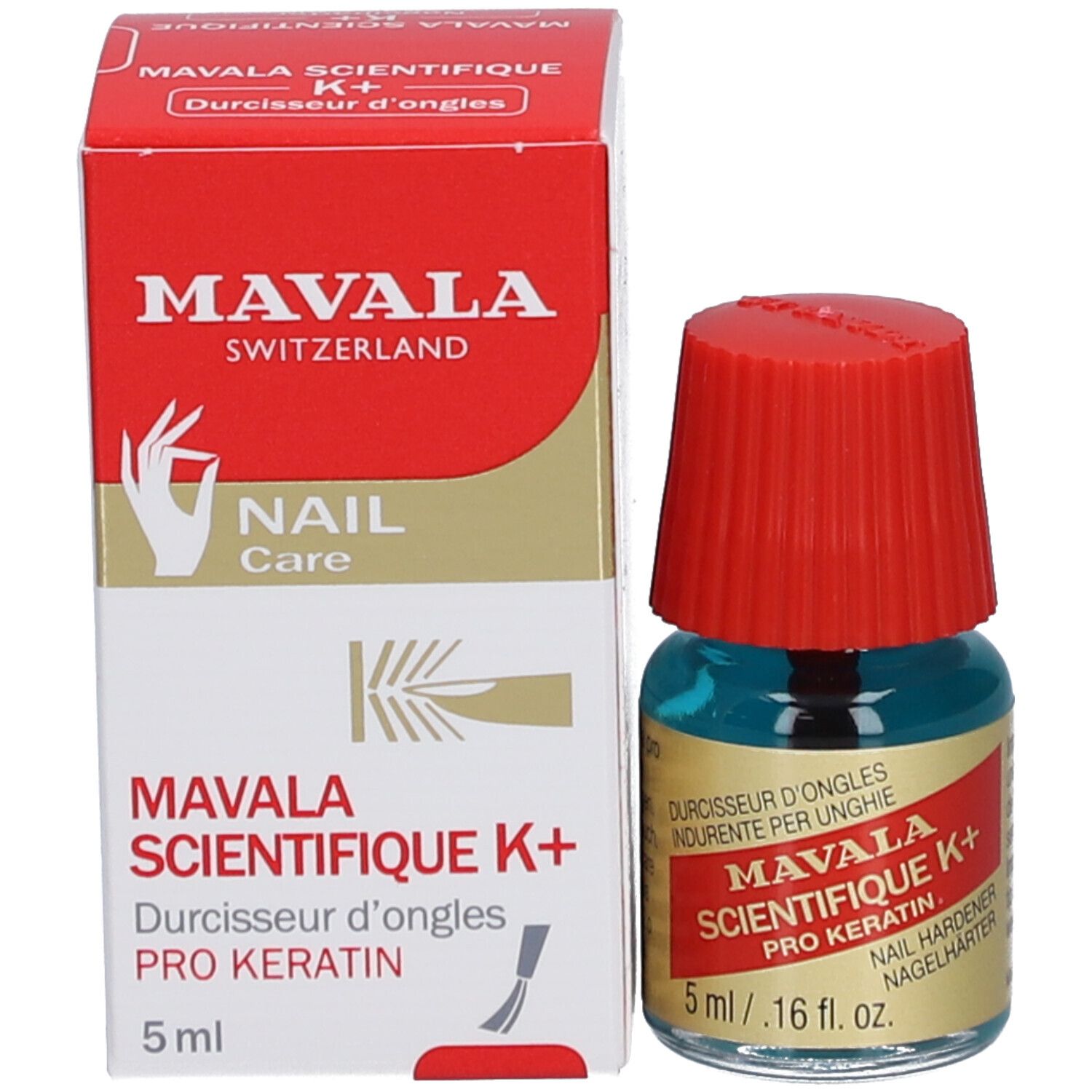 Flacon de durcisseur et emballage. Inscription : Mavala Scientifique K+ Pro Keratin. 5 ml. Emballage rouge.