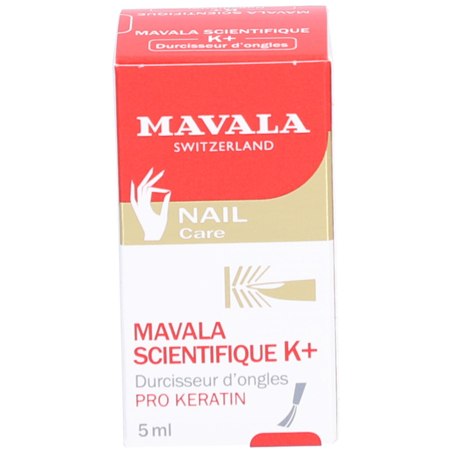 Emballage. Inscription : Mavala Scientifique K+ Pro Keratin. 5 ml. Emballage rouge.
