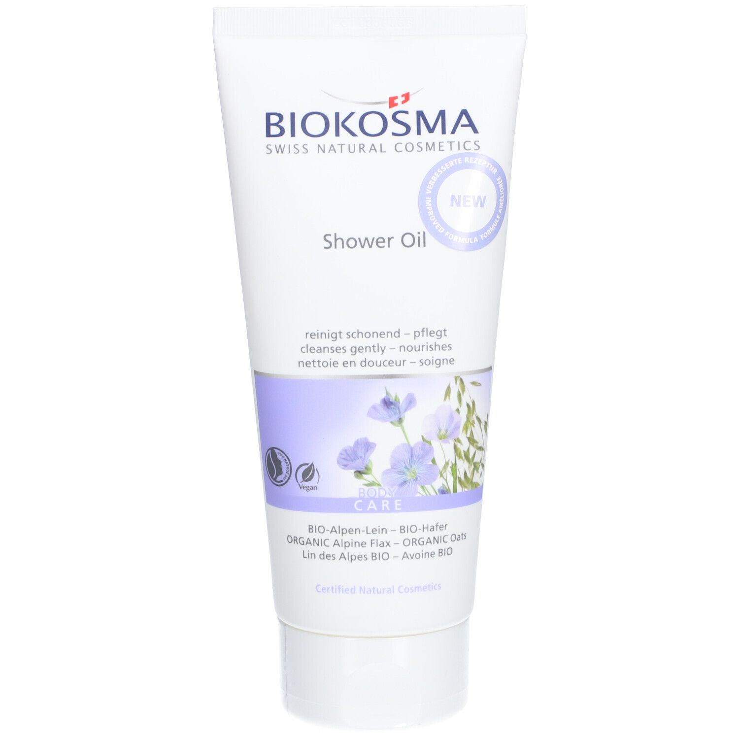 Tube blanc BIOKOSMA Duschöl. Texte: Shower Oil, nettoie en douceur, BIO-Alpen-Lein. Avec autocollant 'NEW'.