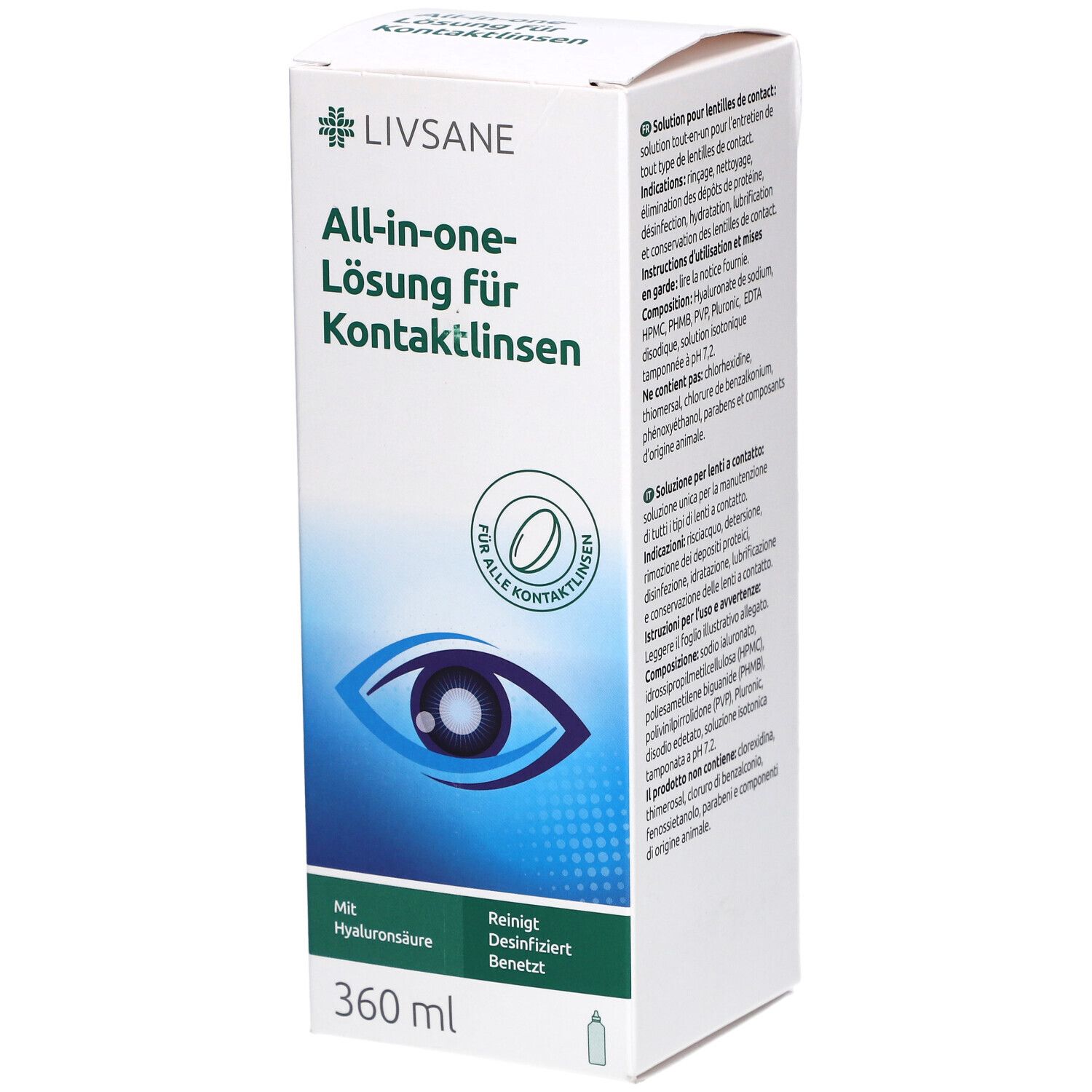 Boîte blanche "Livsane" et "All-in-one-Lösung für Kontaktlinsen". Contient 360 ml. Avec acide hyaluronique.
