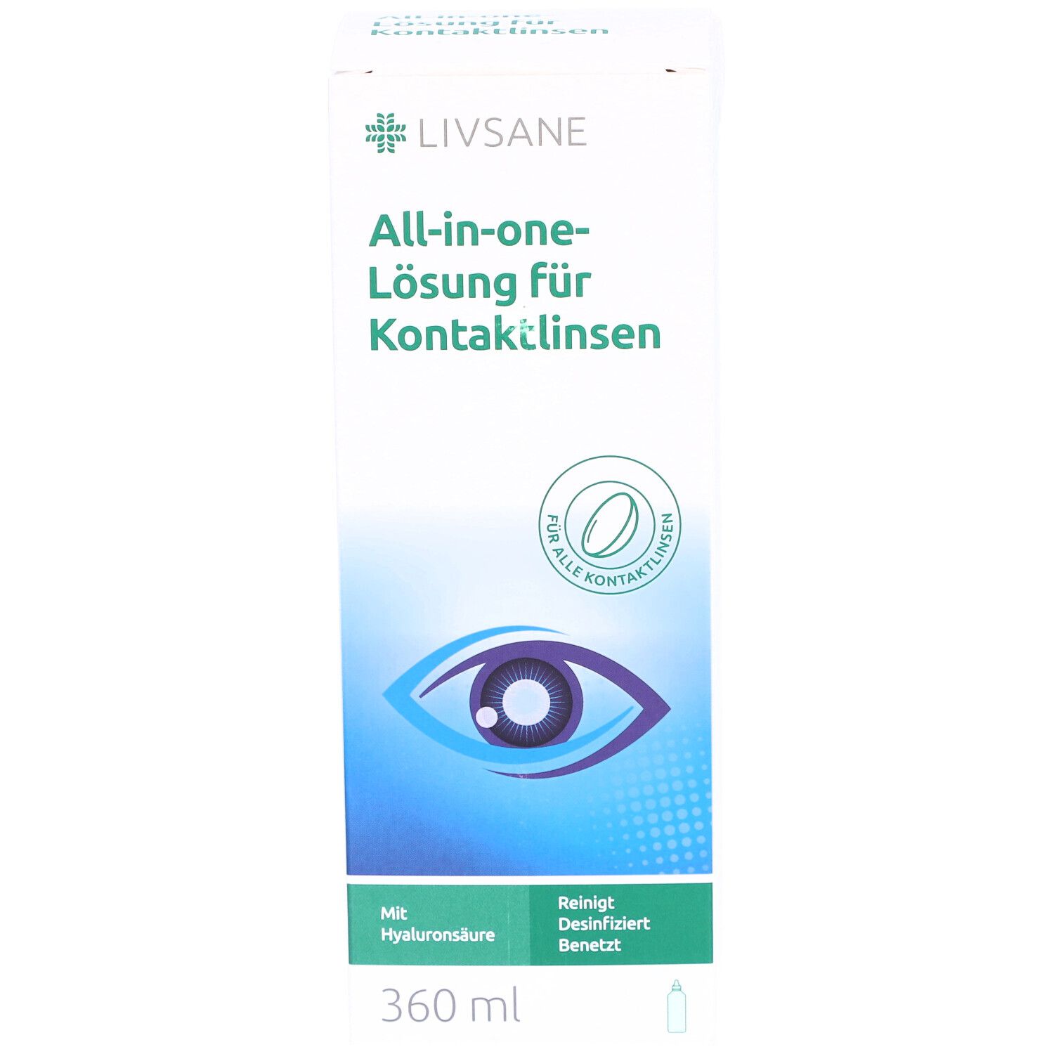 Boîte blanche "Livsane" et "All-in-one-Lösung für Kontaktlinsen". Contient 360 ml. Avec acide hyaluronique.