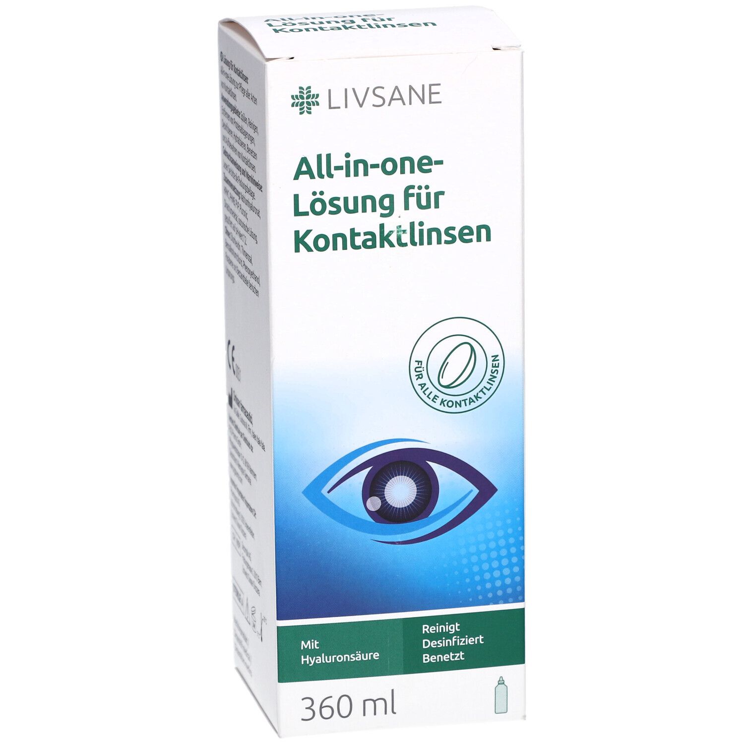 Boîte blanche "Livsane" et "All-in-one-Lösung für Kontaktlinsen". Contient 360 ml. Avec acide hyaluronique.