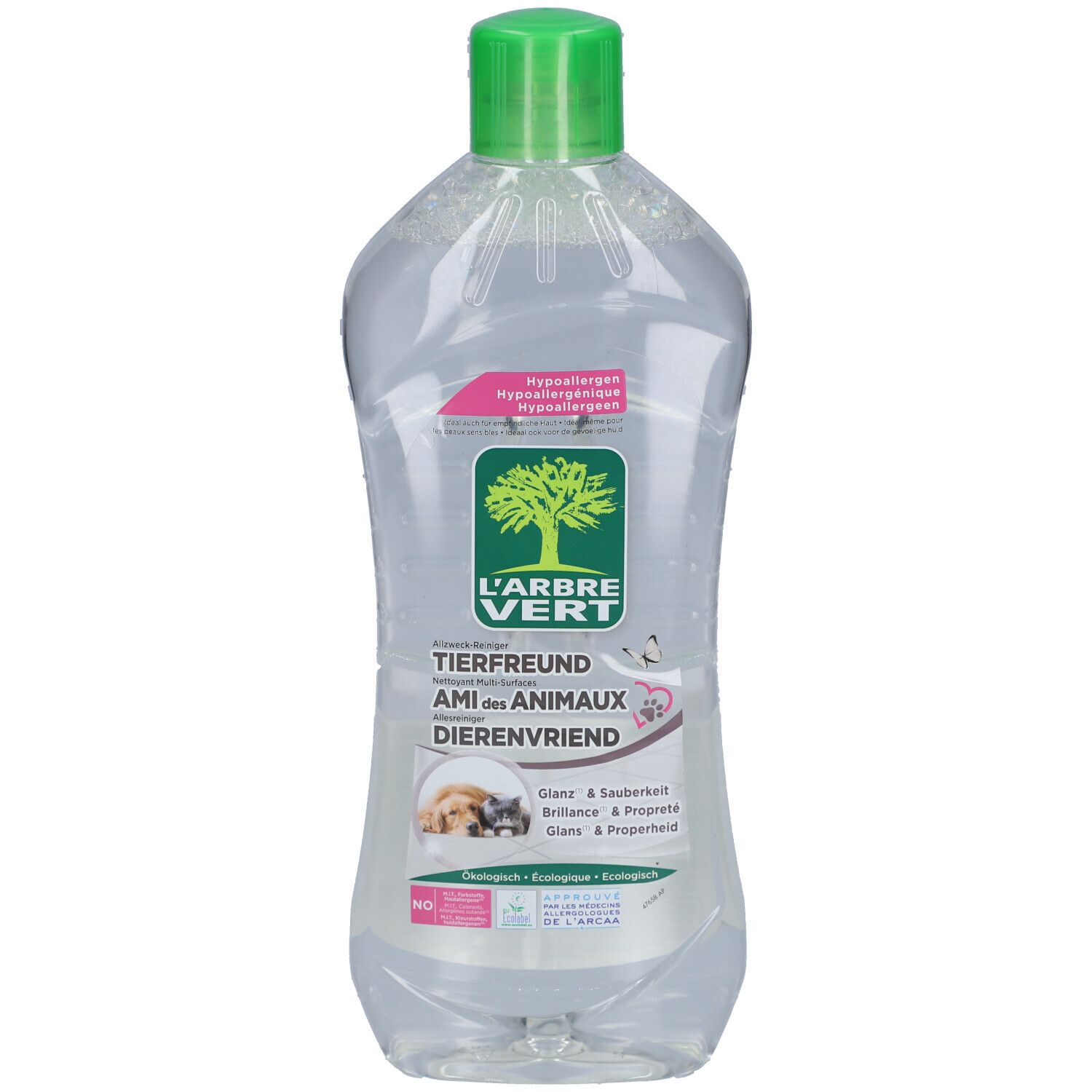 Flacon transparent avec bouchon vert. Étiquette avec logo et texte. Respectueux des animaux.