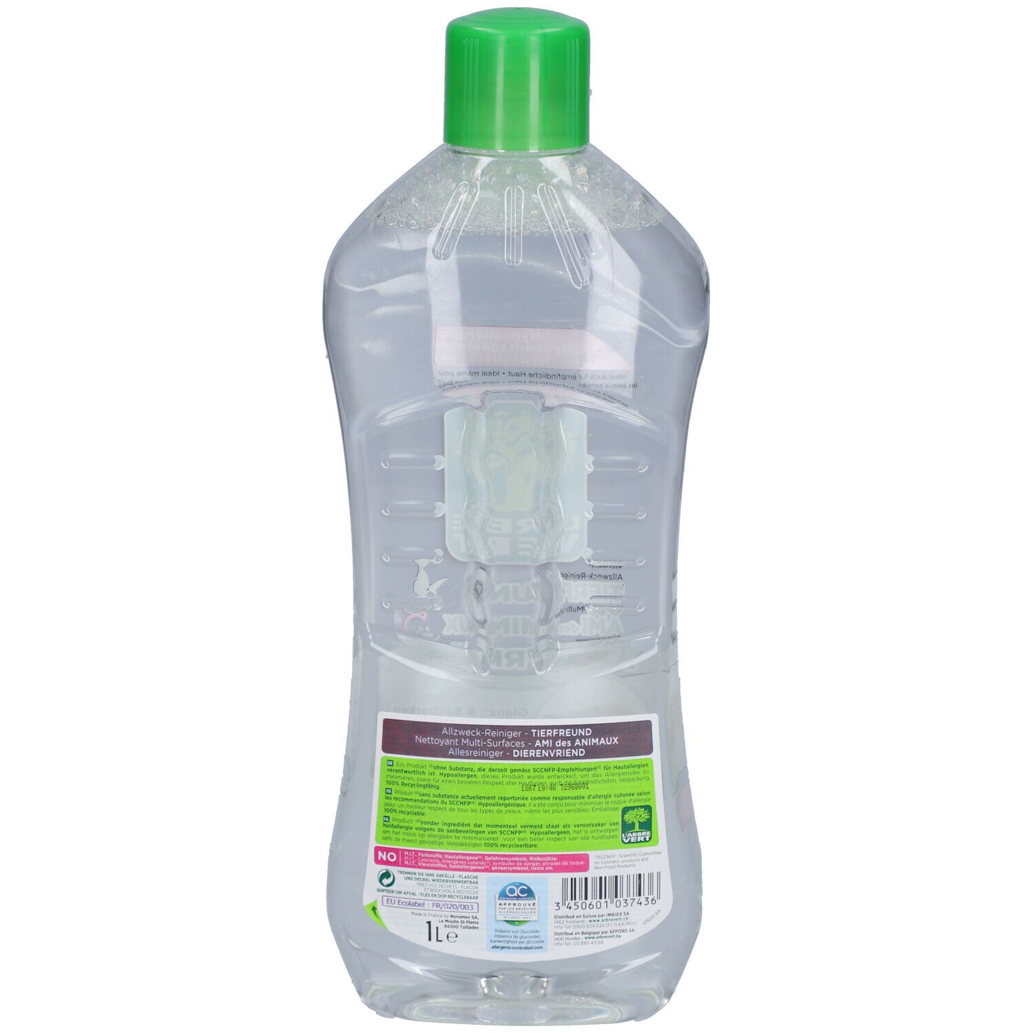 Flacon transparent avec bouchon vert. Dos avec étiquette et texte. 1L.