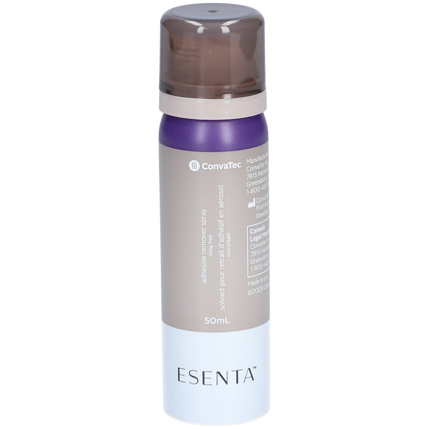 Flacon spray avec bouchon marron, partie centrale violette et beige, base blanche. Inscriptions: Esenta, ConvaTec.