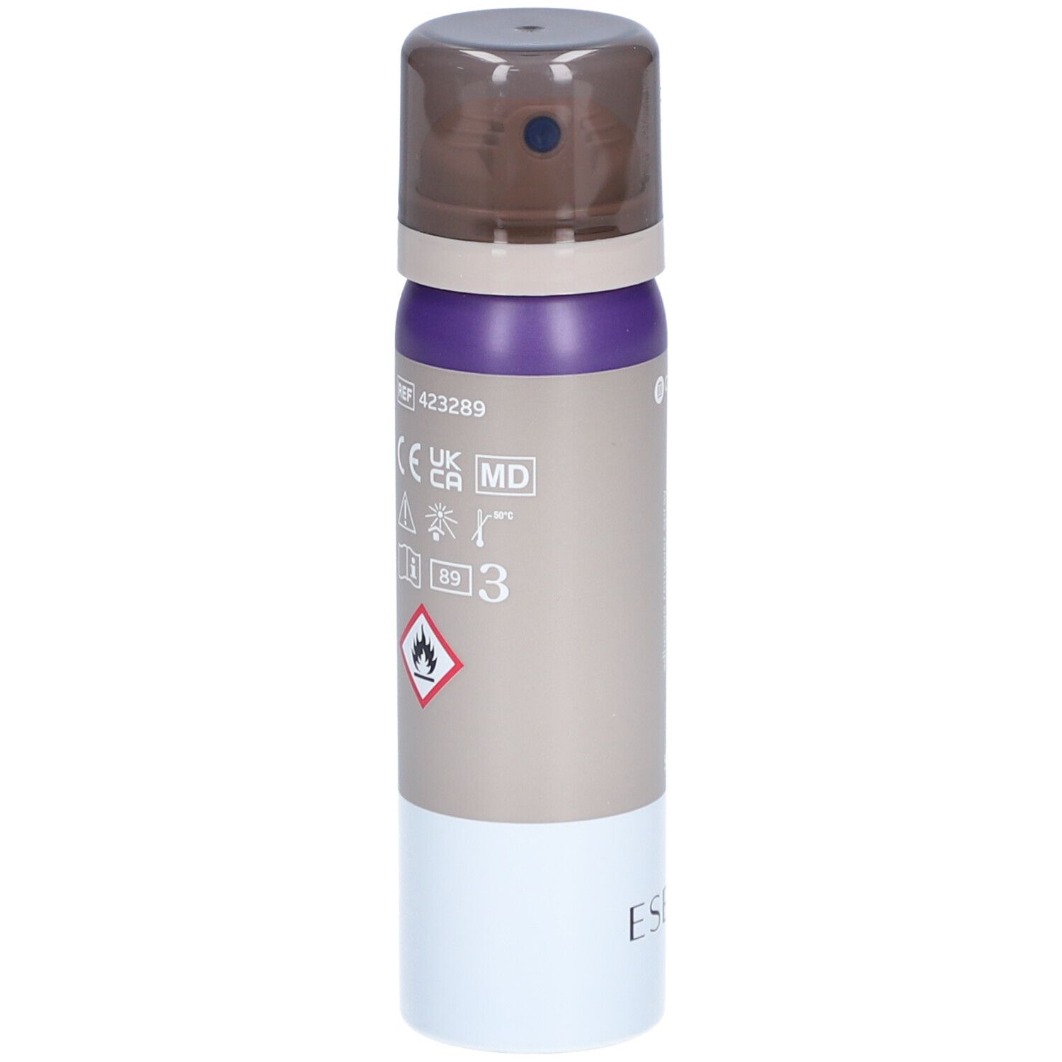 Flacon spray avec bouchon marron, partie centrale violette et beige, base blanche. Inscriptions: CE, UKCA, MD, symbole de flamme.