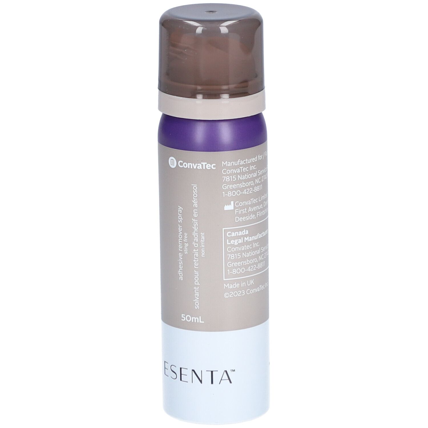 Flacon spray avec bouchon marron, partie centrale violette et beige, base blanche. Inscriptions: ConvaTec, Esenta, 50ml.