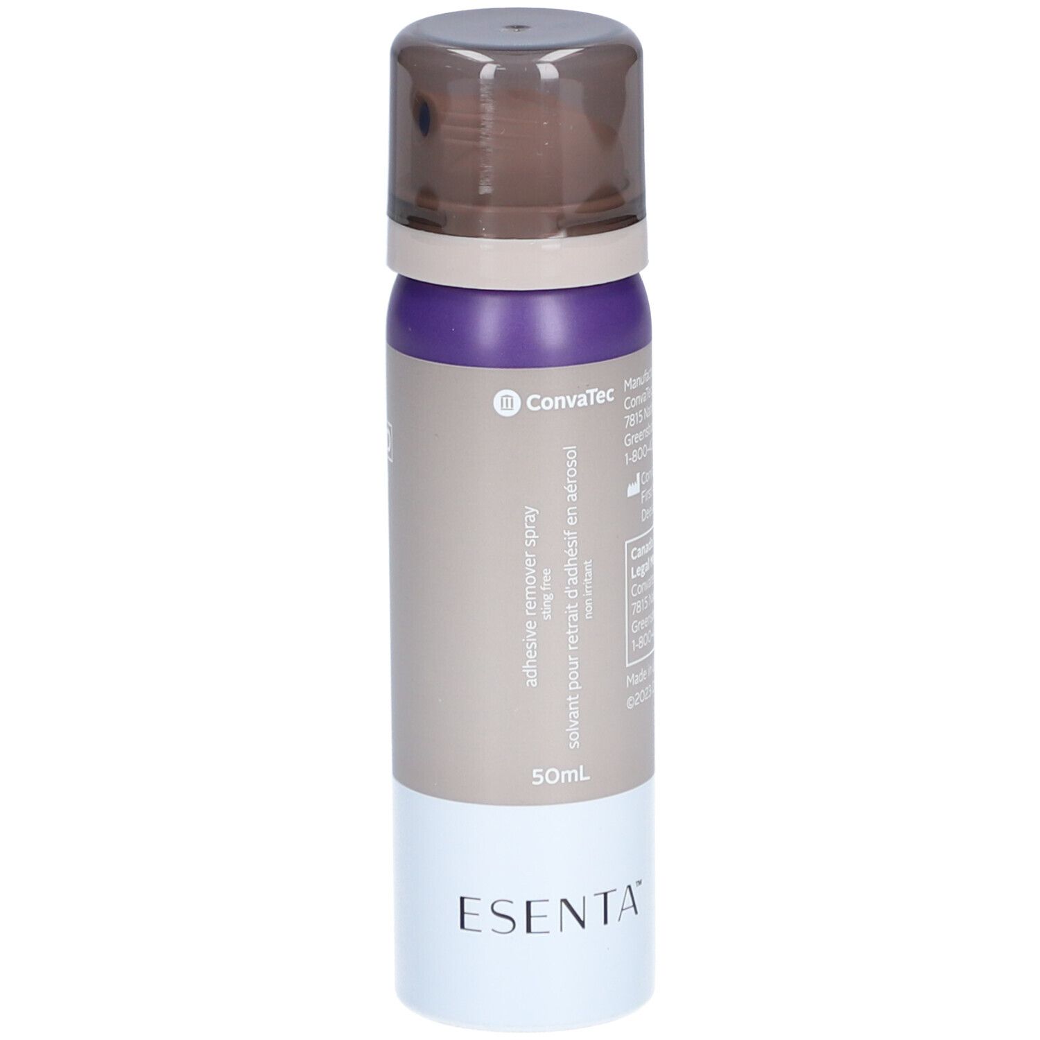 Flacon spray avec bouchon marron, partie centrale violette et beige, base blanche. Inscriptions: ConvaTec, Esenta, 50ml.