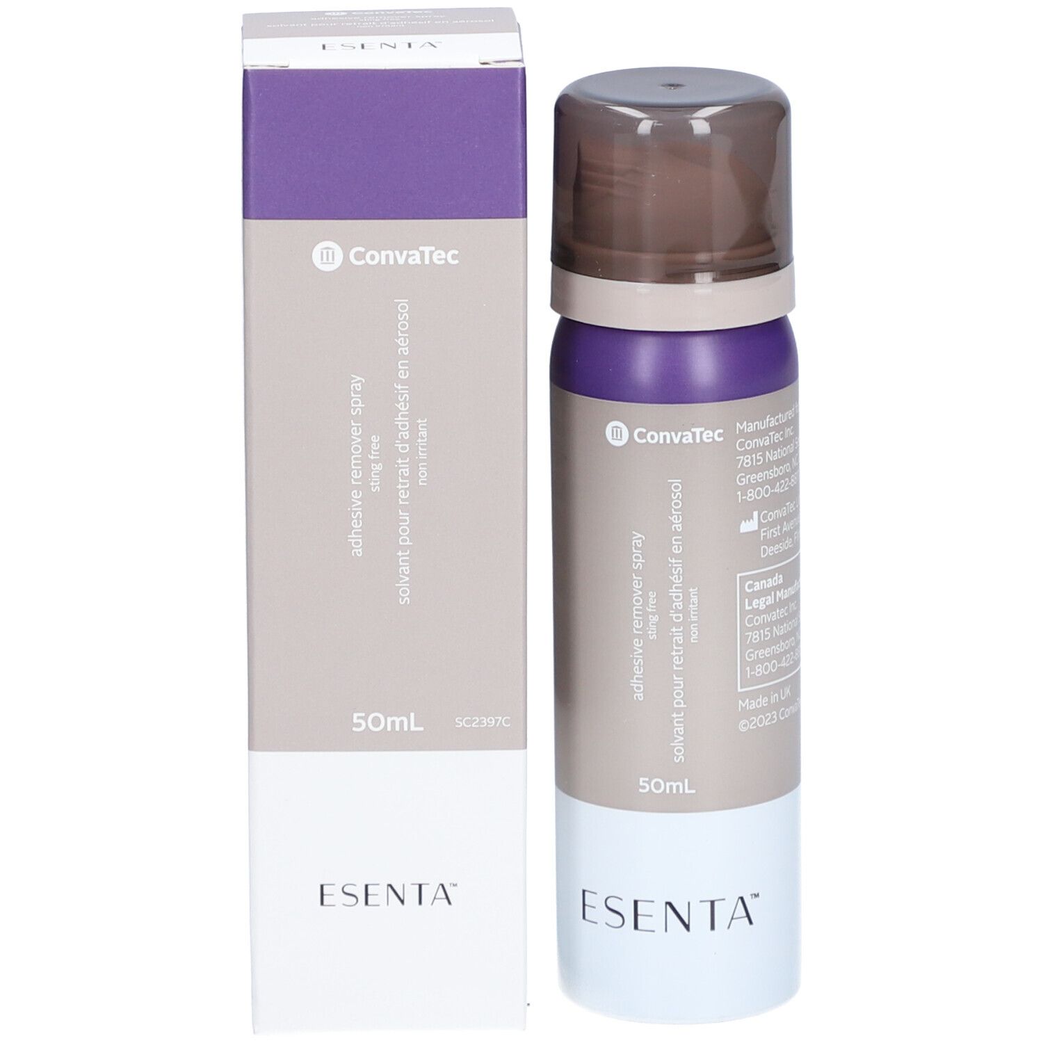 Flacon spray et boîte. Flacon: bouchon marron, violet et beige, base blanche. Boîte: violet, blanc, ConvaTec, Esenta.