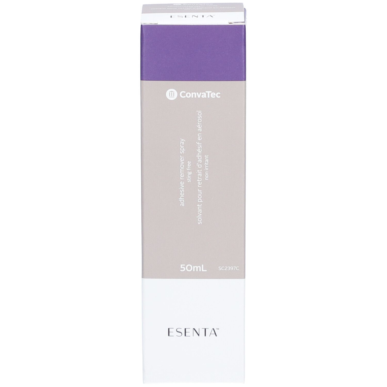 Boîte, violet et blanc. Inscriptions: ConvaTec, Esenta, 50ml.