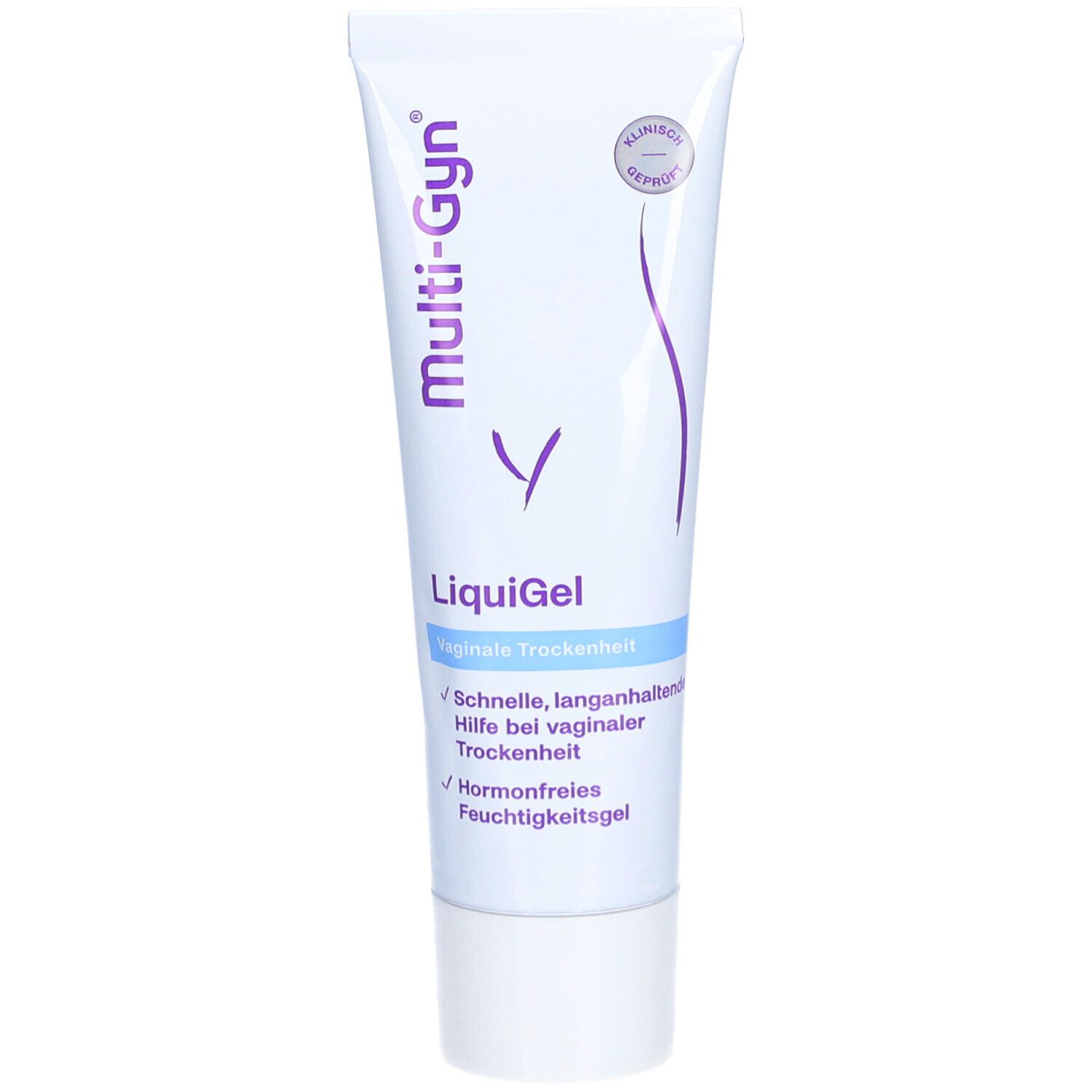 Tube de Multi-Gyn LiquiGel. Blanc, texte et logo violets. Testé cliniquement. Texte: Sécheresse vaginale, sans hormones.