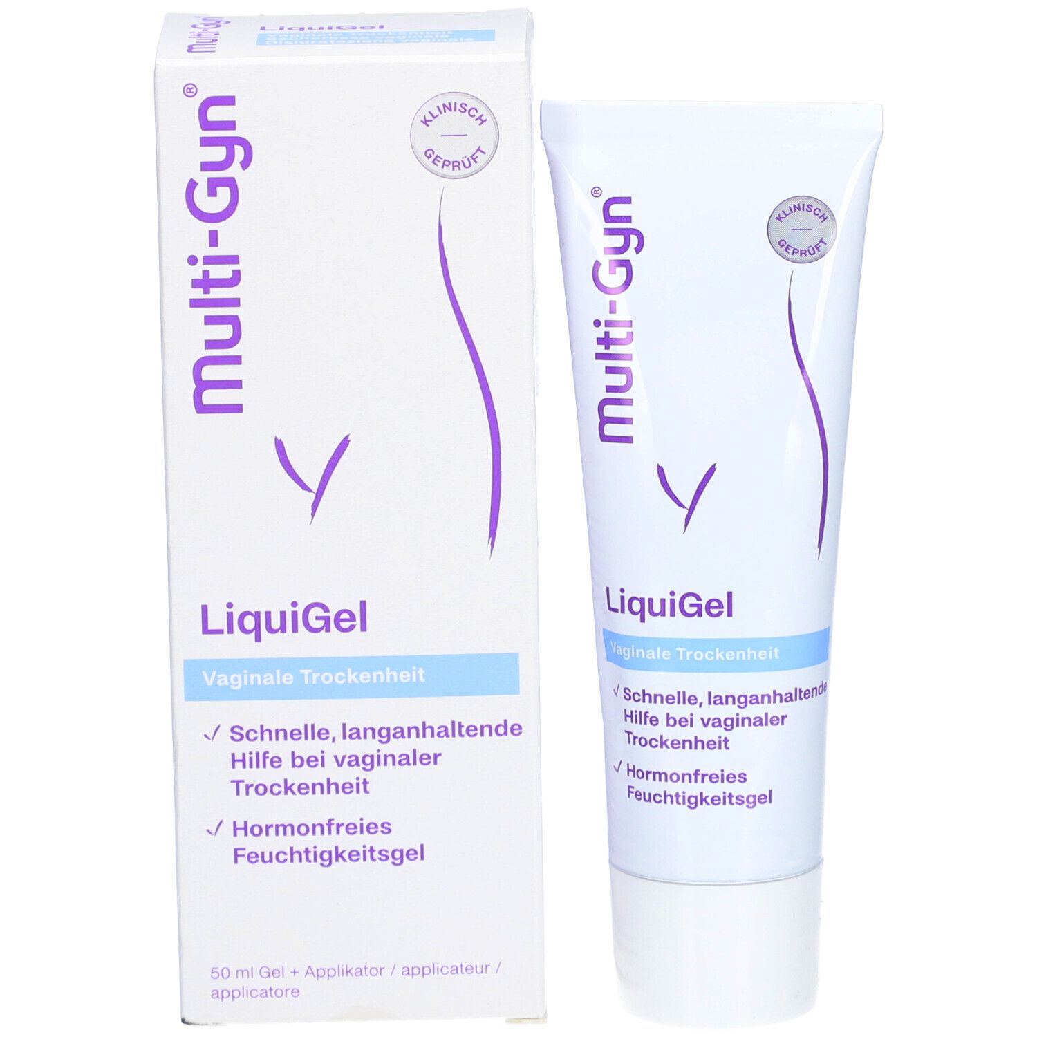 Tube et boîte Multi-Gyn LiquiGel. Blanc, texte et logo violets. Testé cliniquement. Texte: Sécheresse vaginale, sans hormones.
