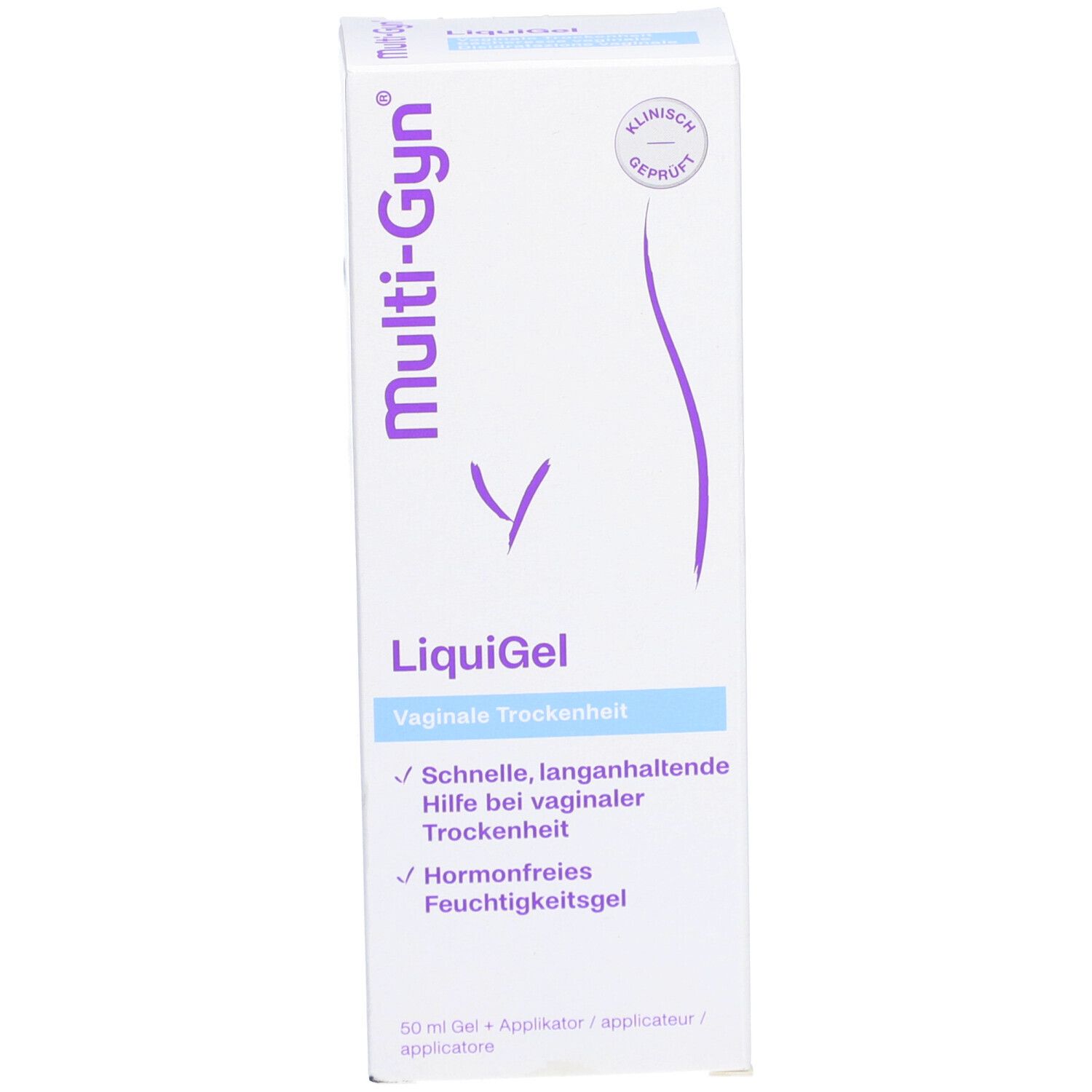 Boîte Multi-Gyn LiquiGel. Blanc, texte et logo violets. Testé cliniquement. Texte: Sécheresse vaginale, sans hormones.
