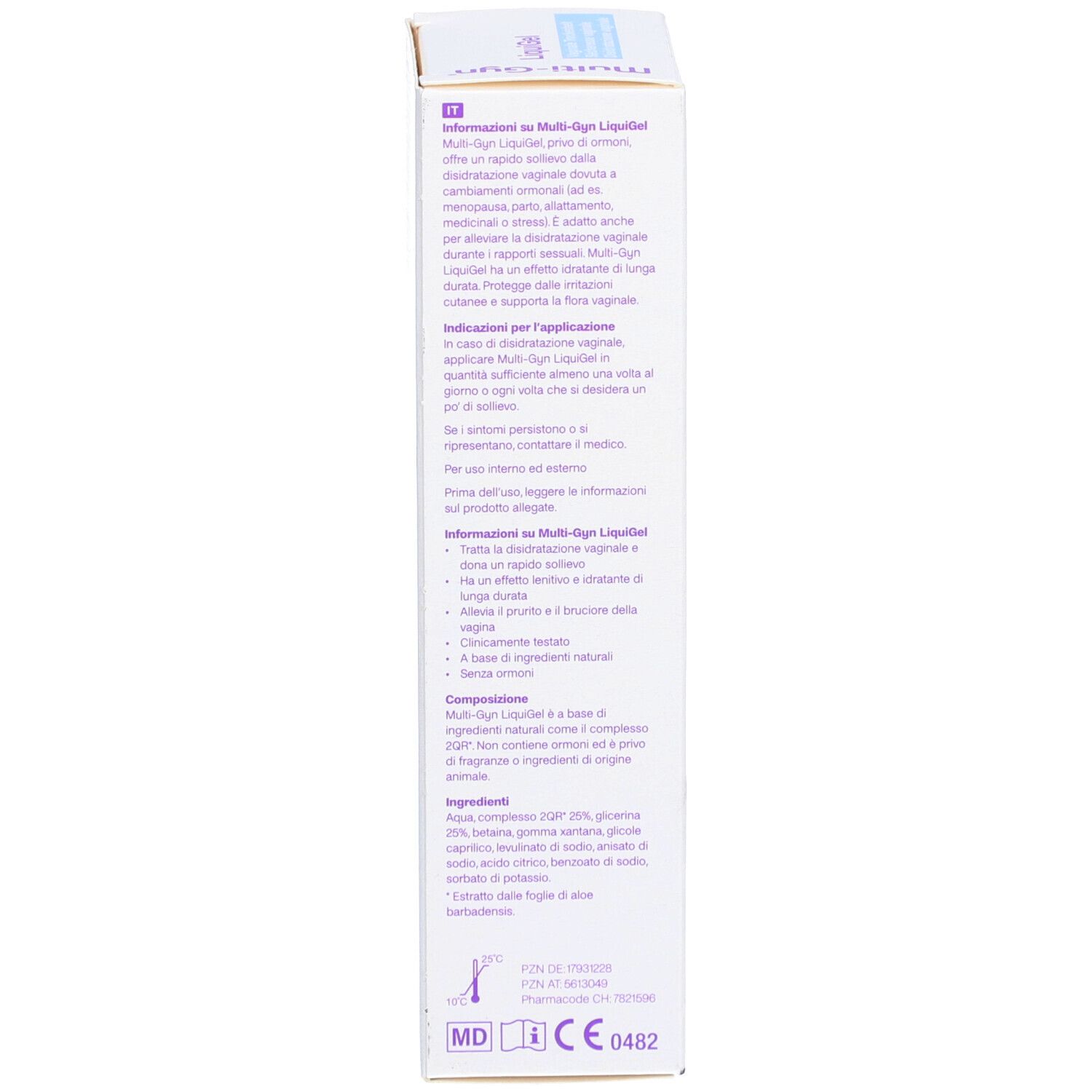 Côté de la boîte Multi-Gyn LiquiGel. Texte multilingue. Informations sur l'utilisation et les ingrédients.