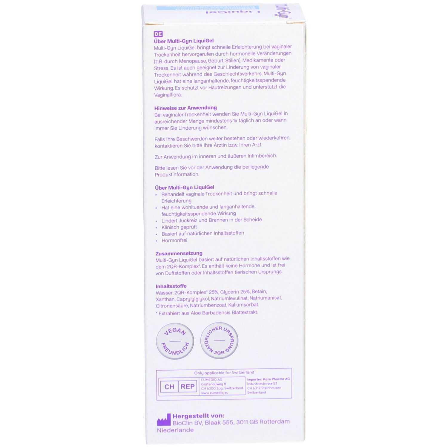 Côté de la boîte Multi-Gyn LiquiGel. Texte en allemand. Informations sur l'utilisation et les ingrédients.