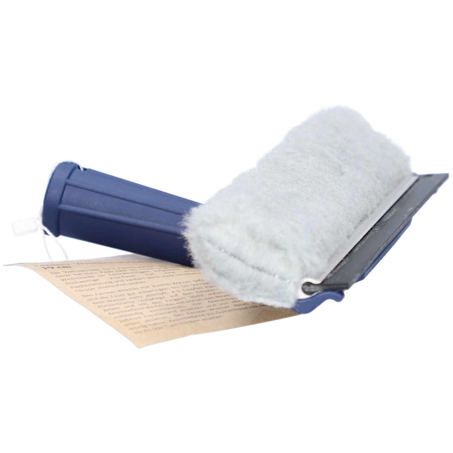 Raclette de fenêtre avec manche bleu et tampon gris. Une étiquette est attachée.