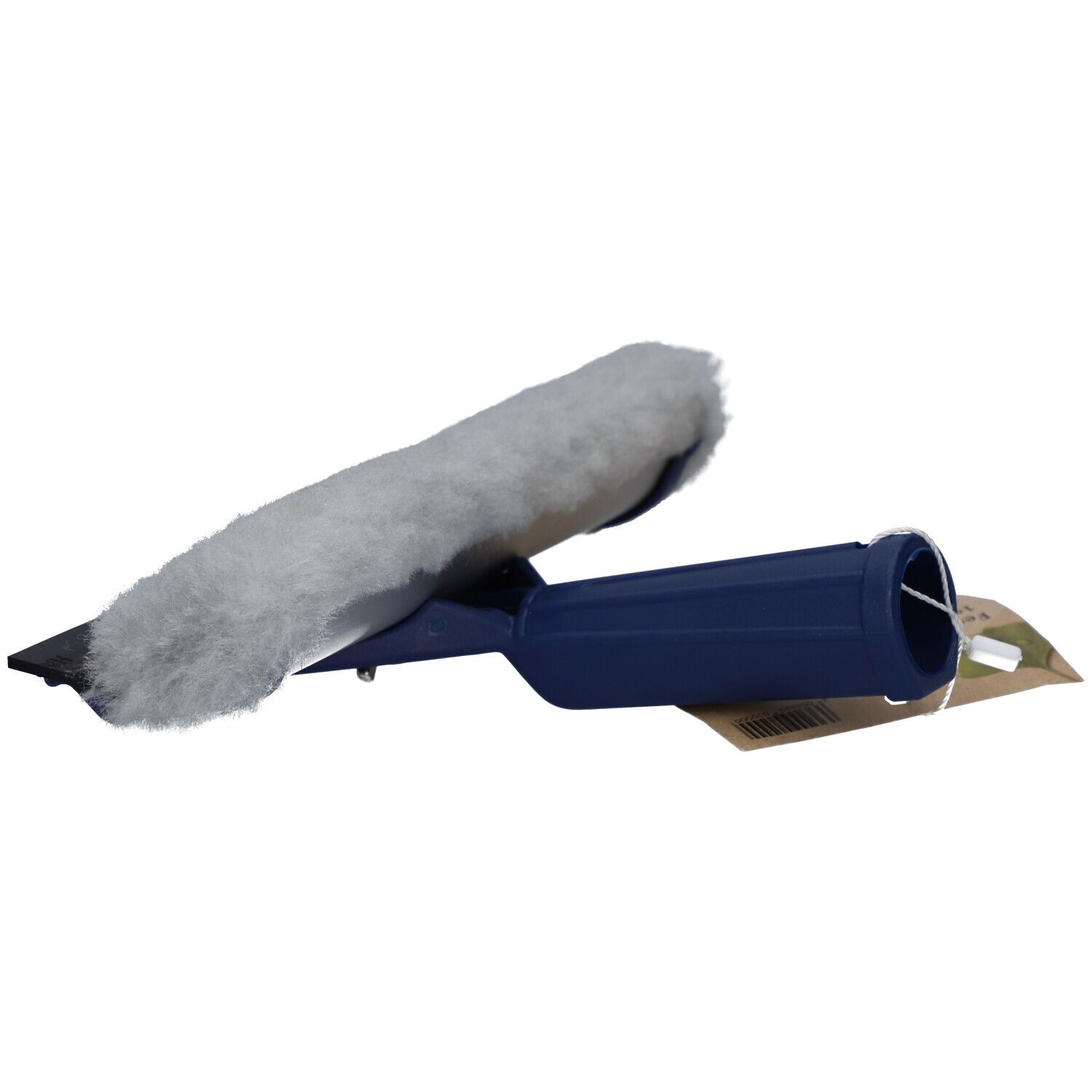 Raclette de fenêtre avec manche bleu et tampon gris. Une étiquette est attachée.