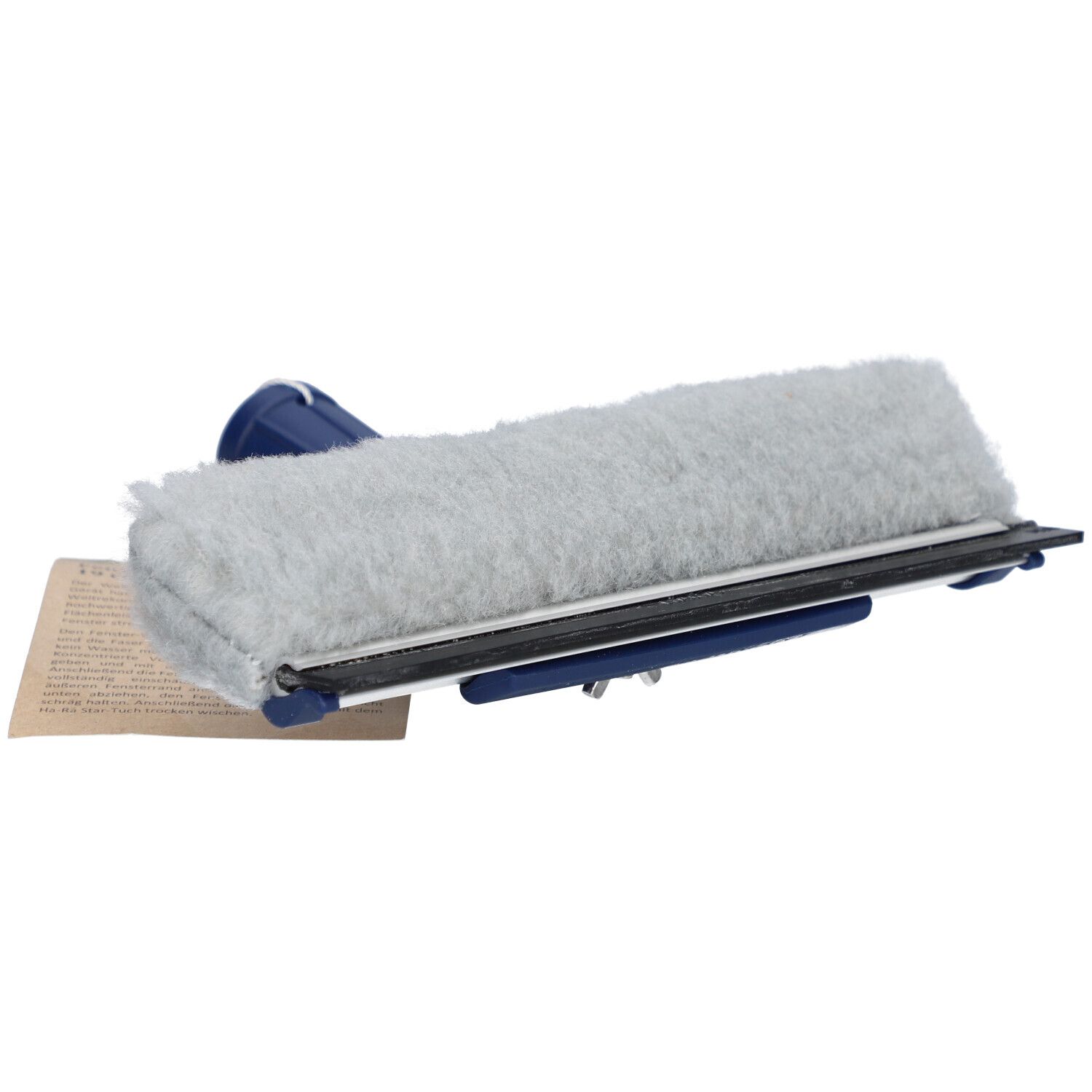 Raclette de fenêtre avec manche bleu et tampon gris. Une étiquette est attachée.