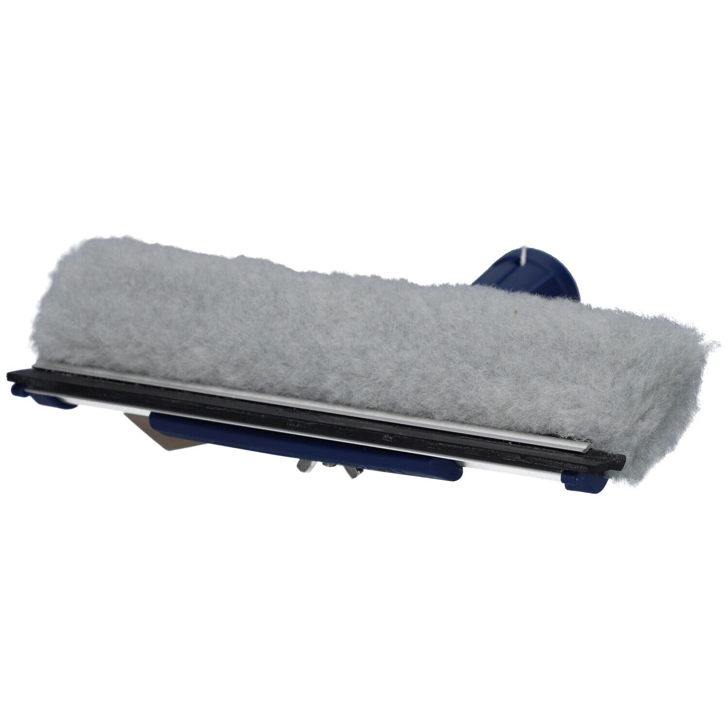 Raclette de fenêtre avec manche bleu et tampon gris. Une étiquette est attachée.