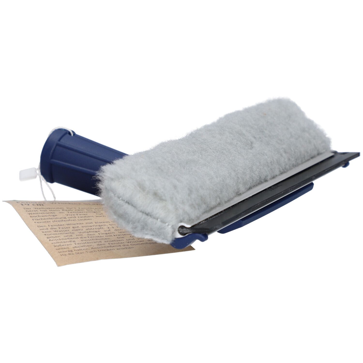 Raclette de fenêtre avec manche bleu et tampon gris. Une étiquette est attachée.