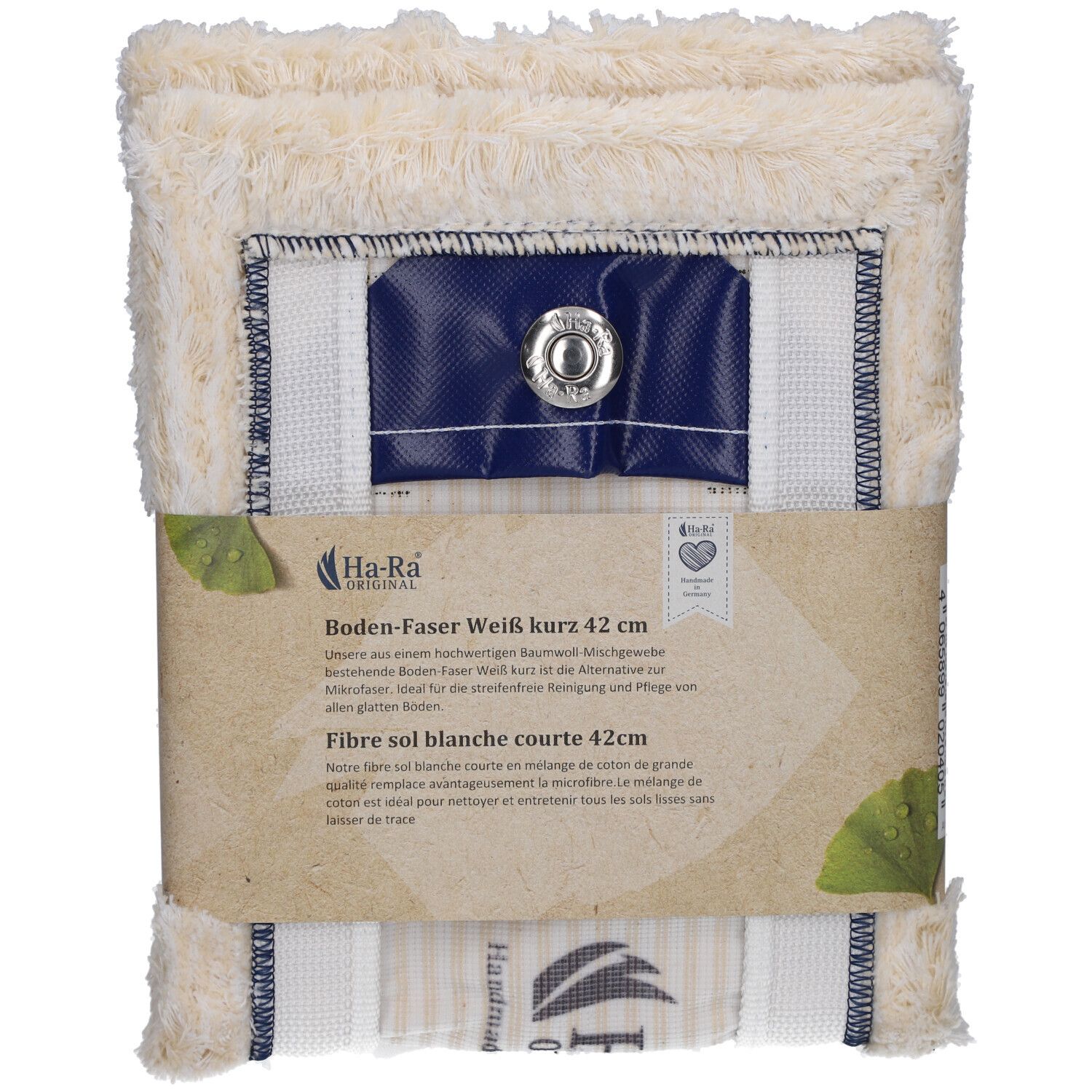 Fibre sol blanche courte 42cm. Fibre rectangulaire blanche avec fermeture bleue et bouton-pression. Emballée avec une bande de papier.