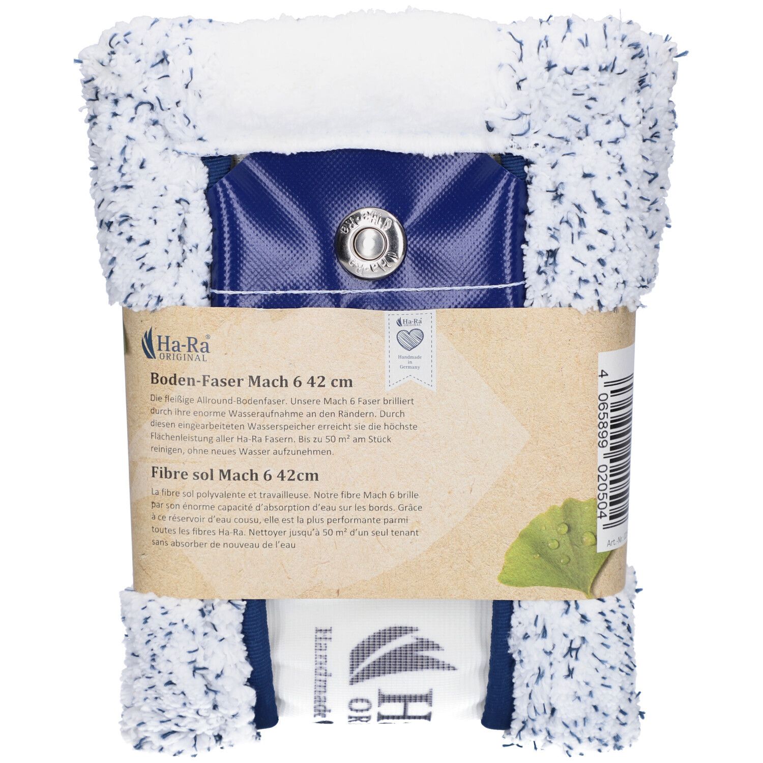 Ha-Ra Fibre sol Mach 6, 42 cm. Support bleu avec bouton-pression. Fibre blanche à pois bleus. Emballage avec informations.