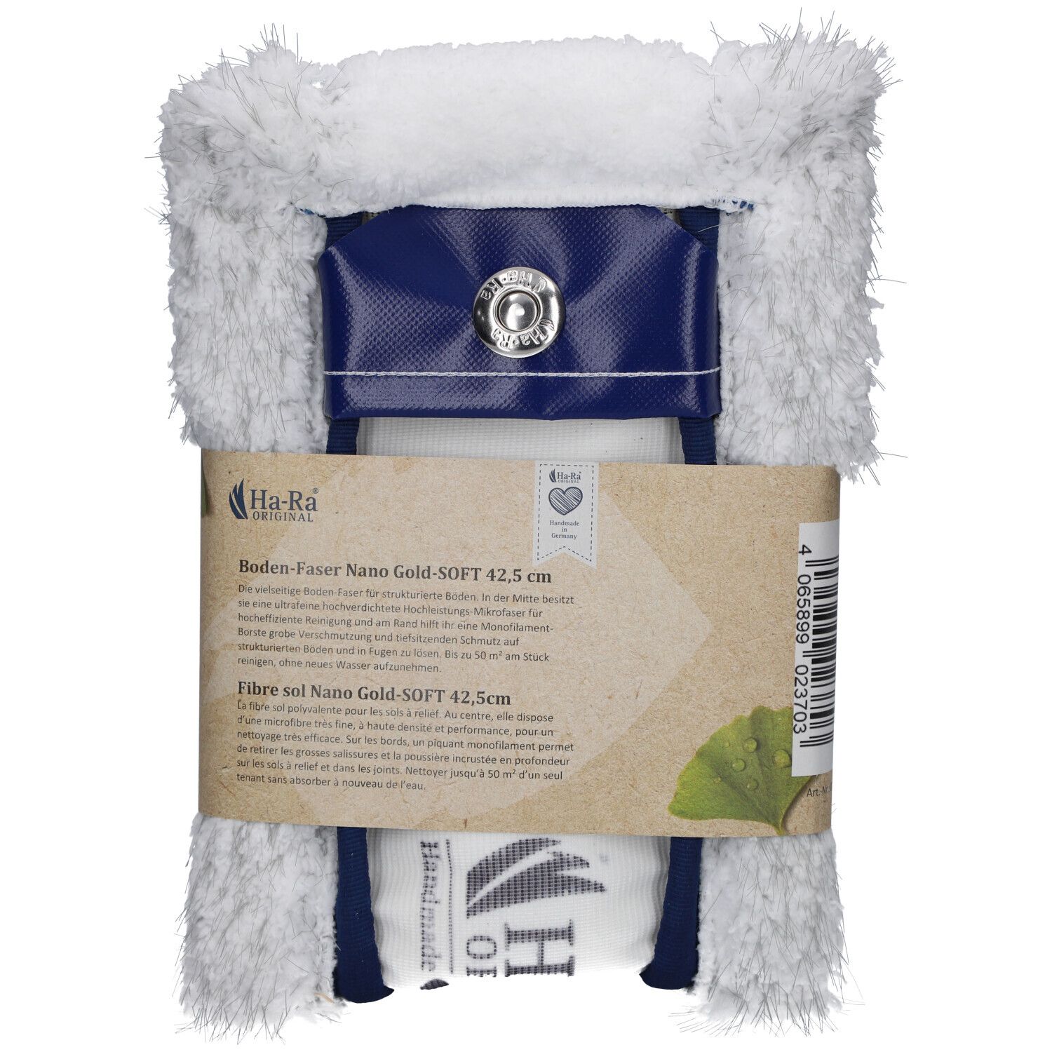 Ha-Ra® Bodenfaser Nano Gold Soft 42,5 cm. Fibre blanche, élément bleu avec bouton-pression. Emballage avec texte et logo.